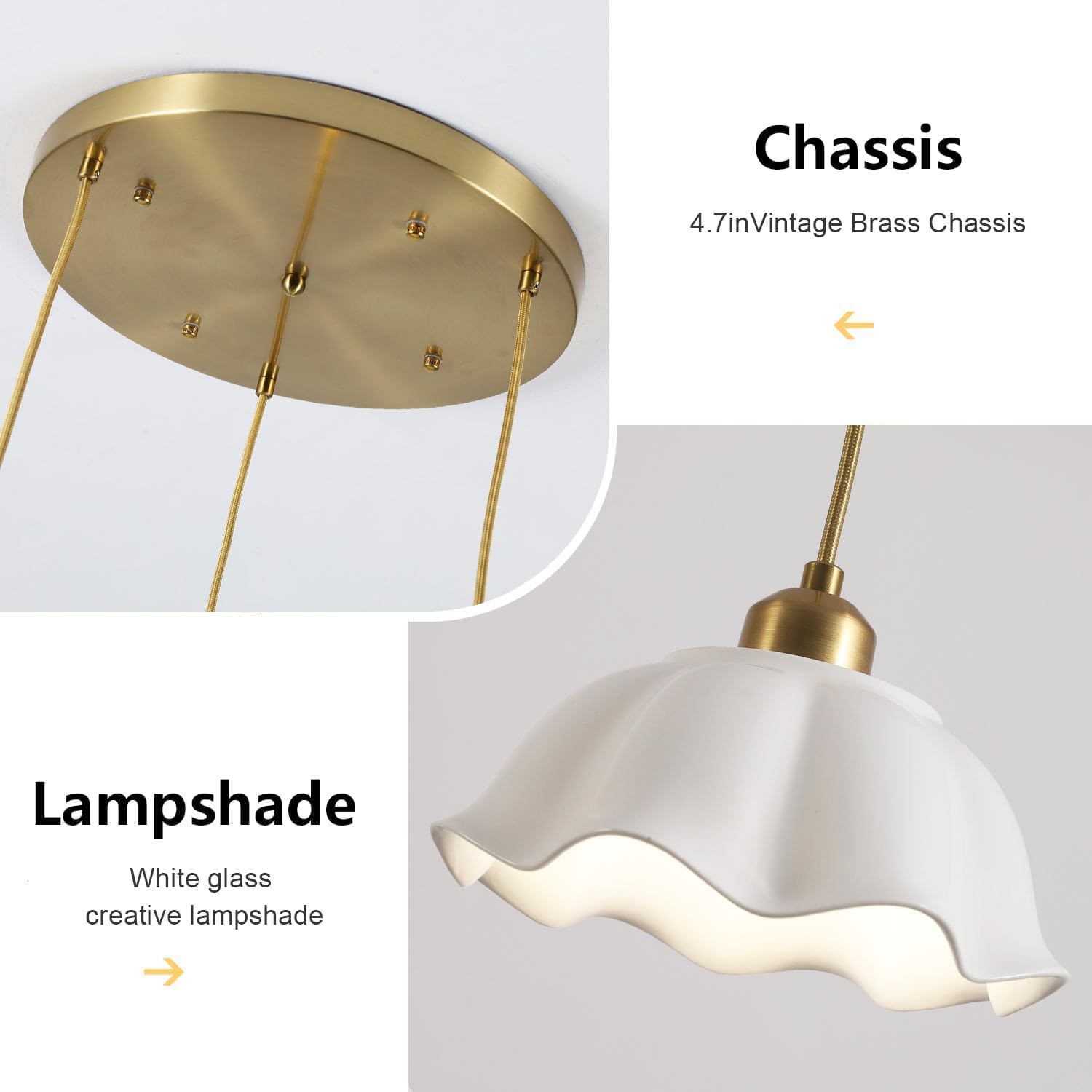3 Light Pendant Light Minimalist Style Ceiling Hanging Lamp Retro White Wave Ceramic Lampshade Brass Finish Ceiling Light for Kitchen Island Bedroom Bedside