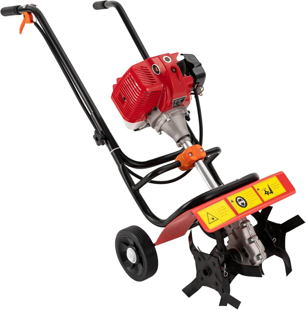 2 Stroke Garden Tiller Cultivator Gas Rotary Cultivator, 2.6HP 52CC 6500-7000RPM Front Tine Gas Powered Soil Tiller Walk Behind Gasoline Rototiller w/ 14.2in Tilling Width & 2-3.9in Depth