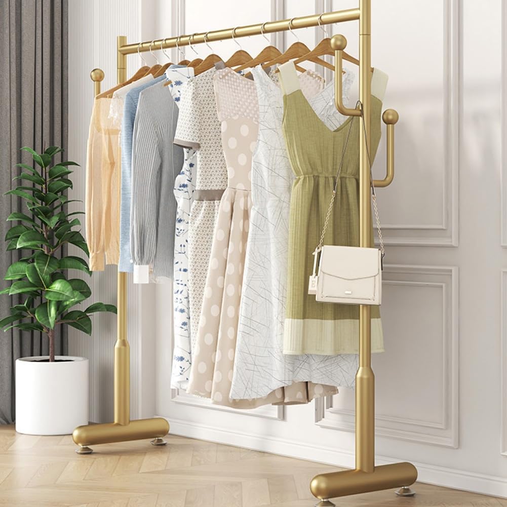 Freestanding Clothing Garment Rack for Hanging Clothes, Metal Clothes Organizer for Bedroom, Laundry Room, Single Rail with Side Hooks (Color : Gold, Size : 60x40x130cm)