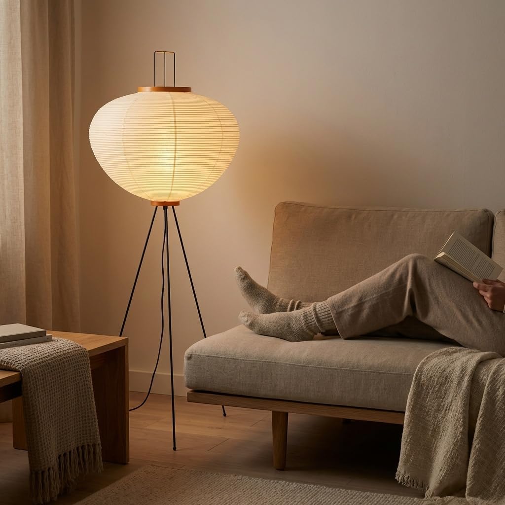 Nogy Noguchi Japanese Rice Paper Floor Lamp • 3000K Akari Standing Light for Living Room Bedroom, Modern Paper Lamp Design, Warm White Ambiance Lighting