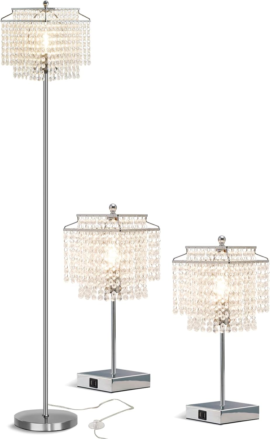 Luvkczc Table Lamp and Floor Lamp Set, Crystal Table Lamp with USB Ports+Crystal Floor Lamps Set of 2, Morden Lamps for Living Room, Bedroom, Office (Silver)