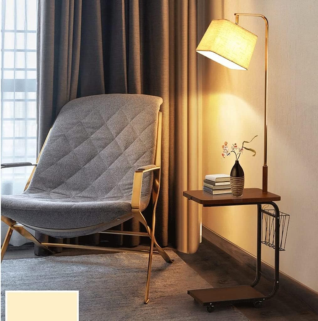 Floor Lamp, Floor Lamp Solid Wood Standing Lamp Modern with 2 Shelves 1 Power Outlet and 1 Storage Basket Storage Lamp for Bedroom (B