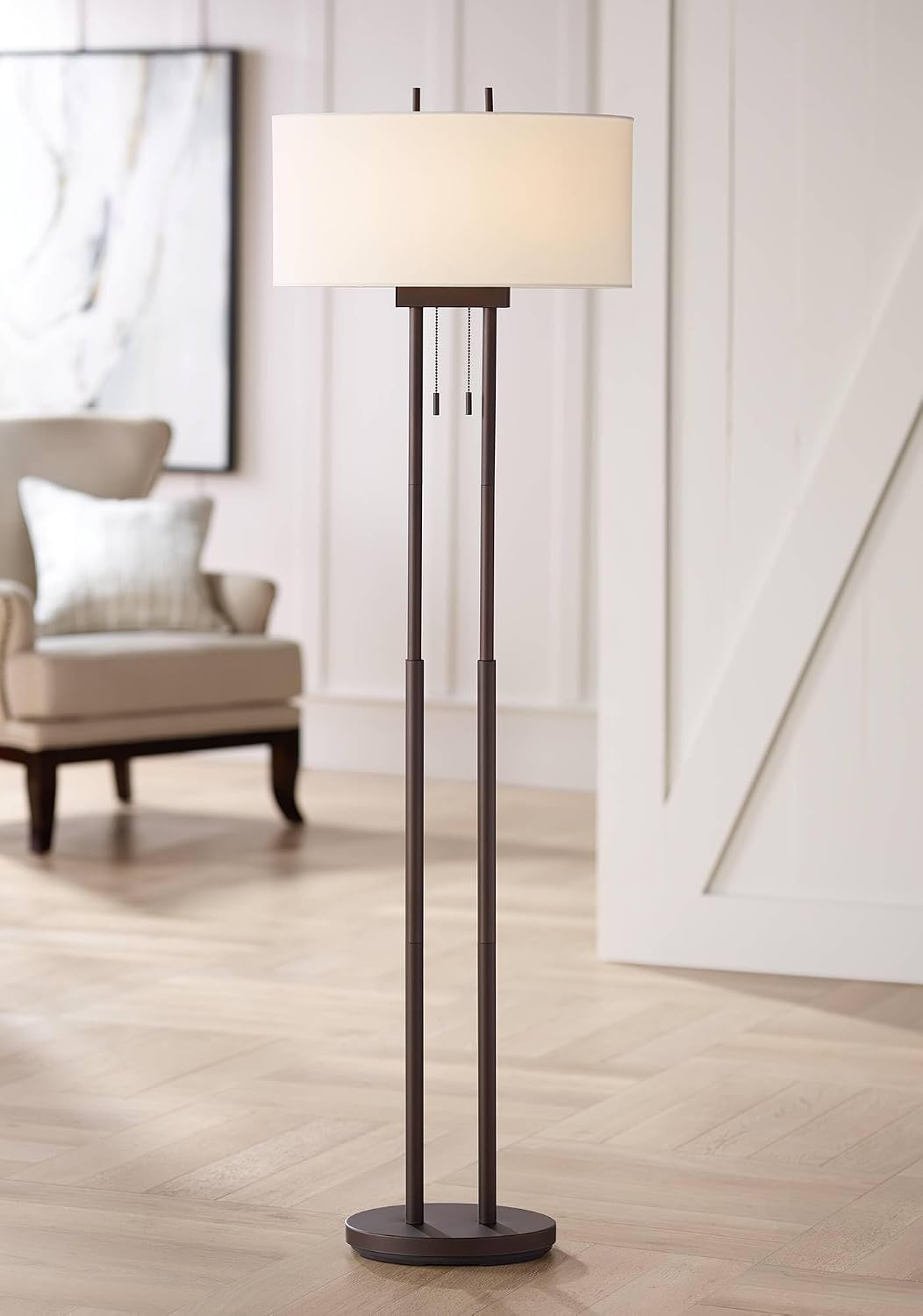 Franklin Iron Works Roscoe Modern 62' Tall Standing Floor Lamps Set of 2 Lights Twin Pole Pull Chain Brown Roman Bronze Finish Living Room Bedroom House Reading Office Home Decor Entryway Dining