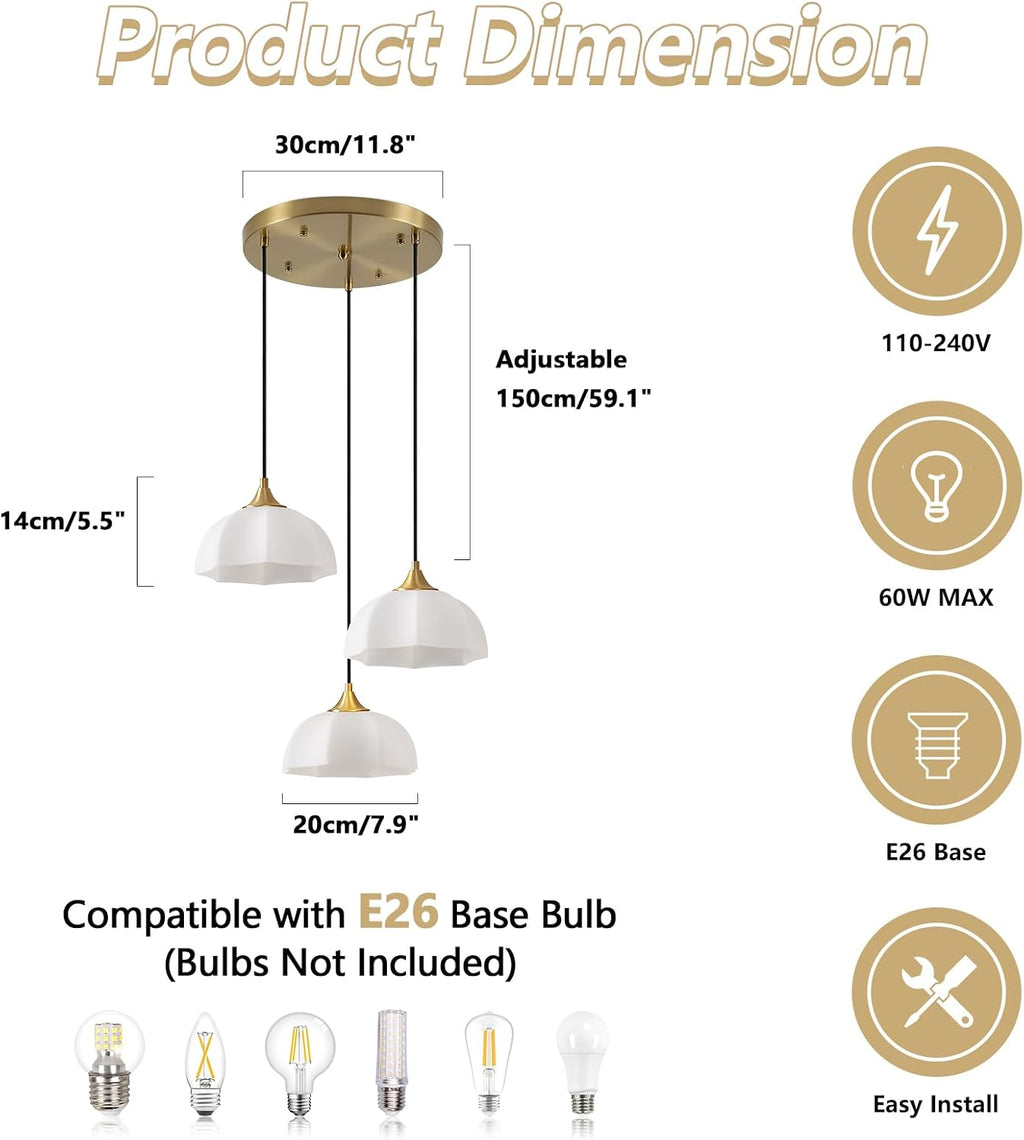 3 Lihgt Minimalist Style Ceiling Hanging Lamp 7.8' White Dome Glass Lampshade Brass Finish Ceiling Light Nordic Retro Pendant Light for Kitchen Island Bedroom Bedside