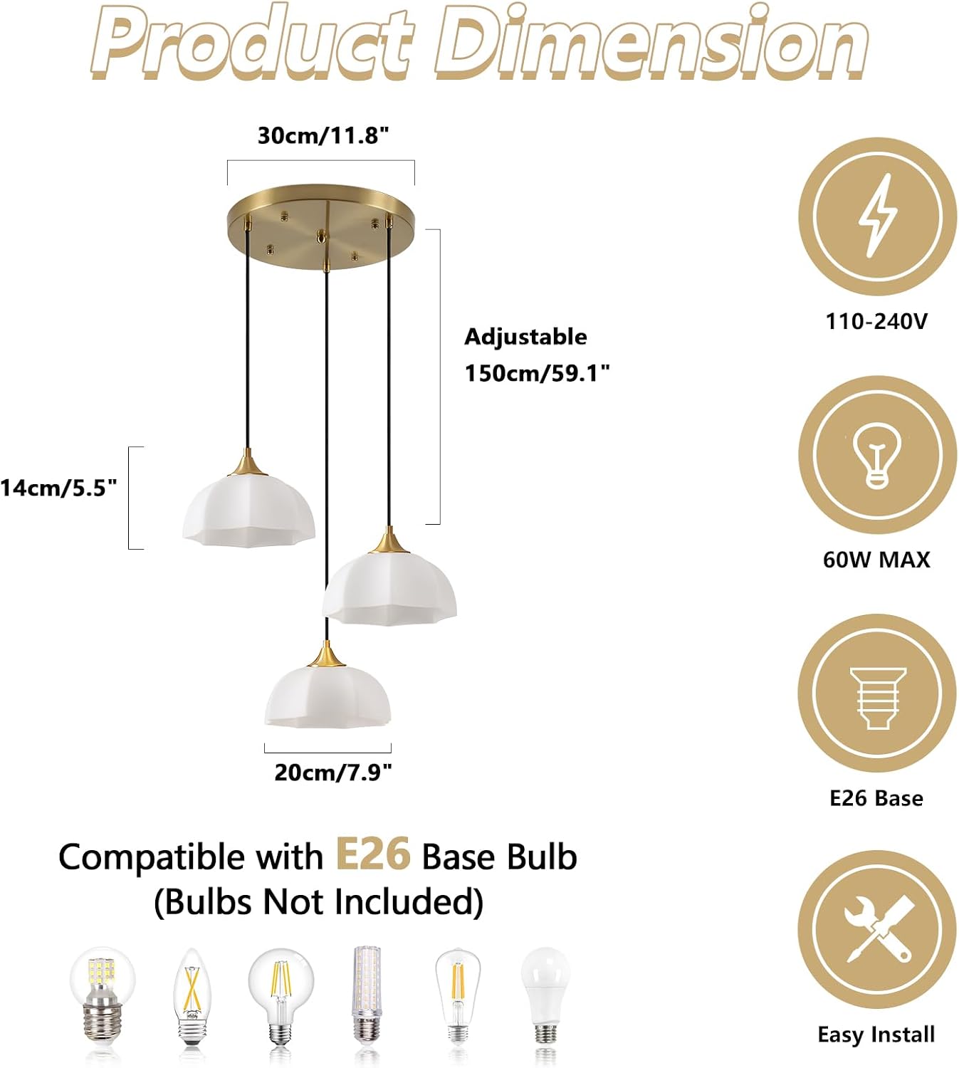 3 Lihgt Minimalist Style Ceiling Hanging Lamp 7.8' White Dome Glass Lampshade Brass Finish Ceiling Light Nordic Retro Pendant Light for Kitchen Island Bedroom Bedside