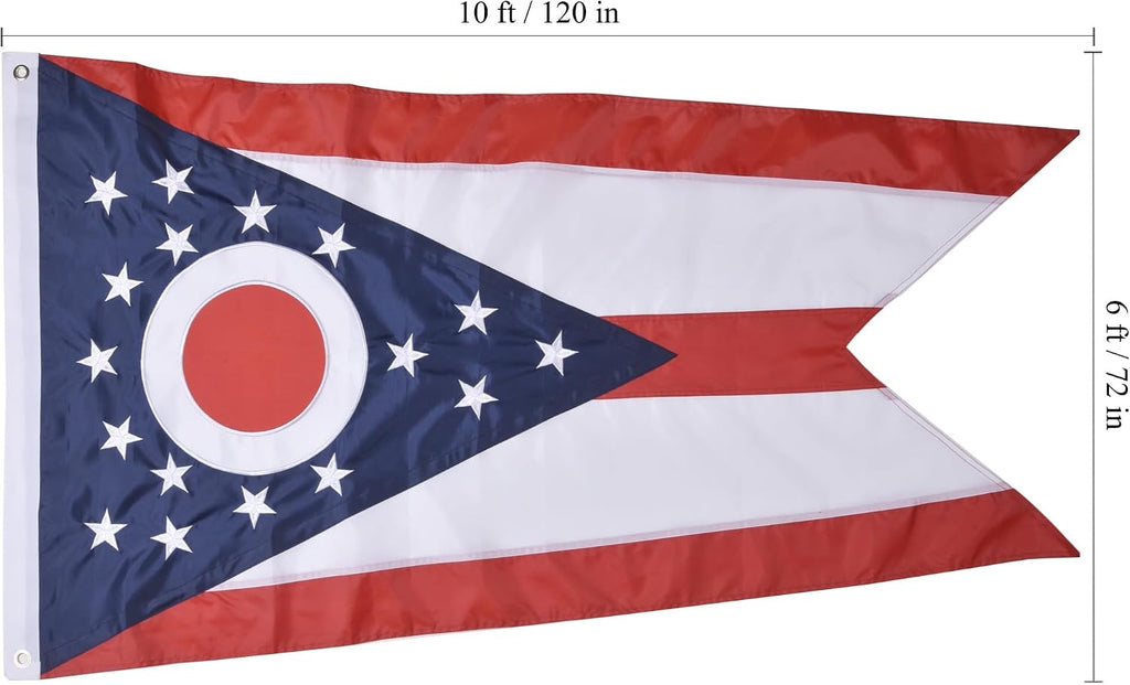 Ohio State Flag 6x10 Ft, Deluxe Embroidered Premium Polyester Durable OH Outside Flag, Indoor/Outdoor with Sewn Stripes and Brass Grommets