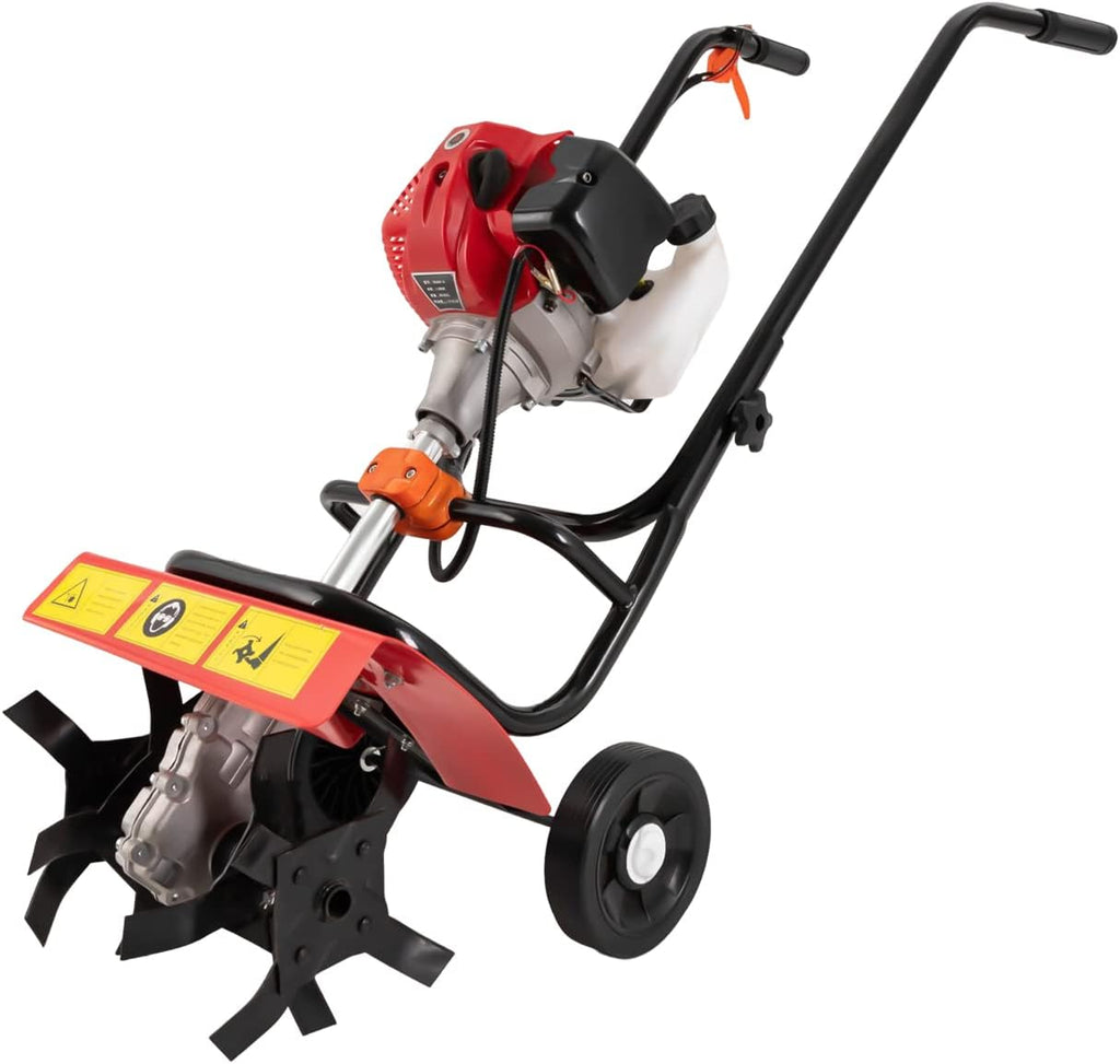 Gas Powered Tiller, 52Cc 2 Stroke Garden Yard Rototiller Tilling Cultivator Heavy Duty Gasoline Tiller with Adjustable Wheels & Long Handle for Plowing Turning Soil Ditching 1900W (52CC 2-Stroke)