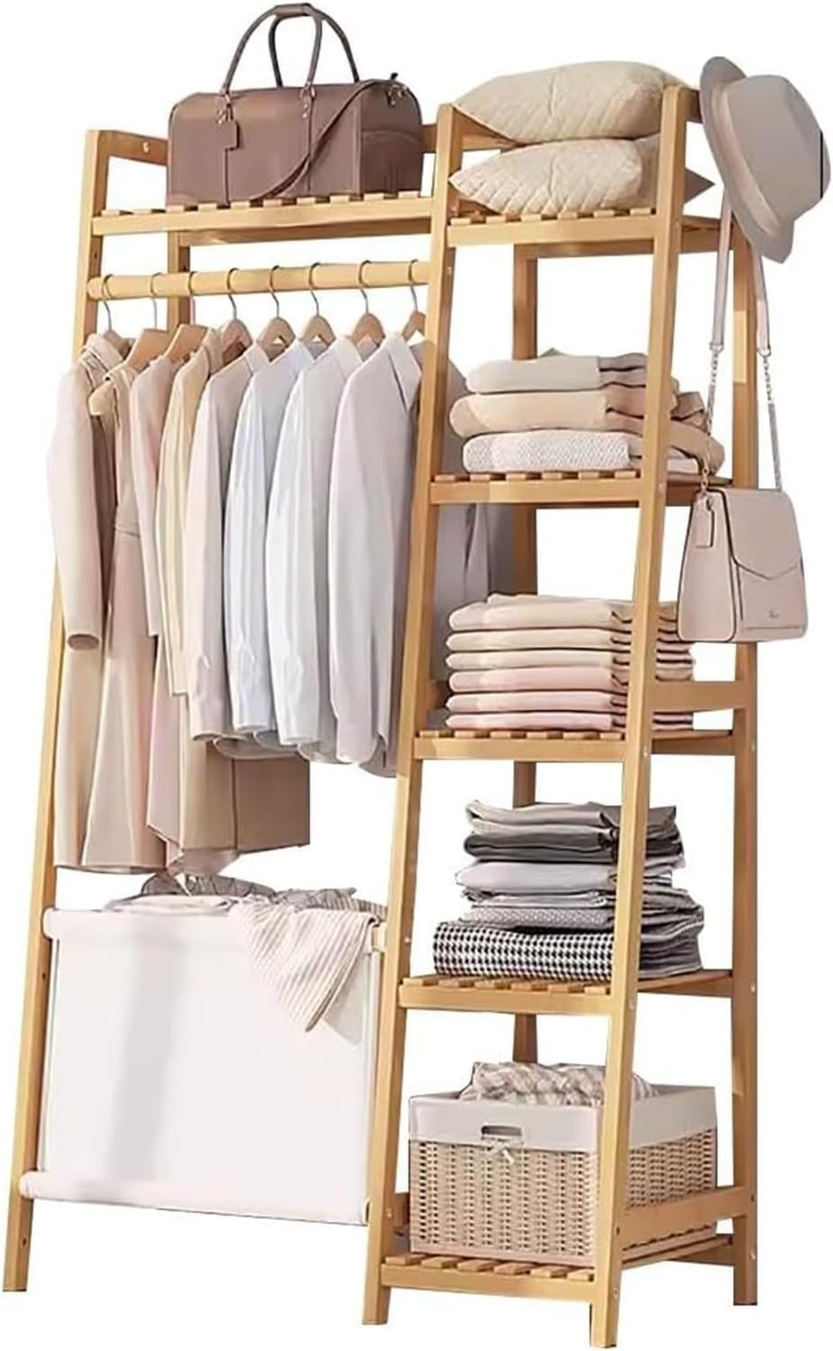 Bamboo Clothes Rack - Freestanding Garment Rack with Shelves and Shoe Storage, Clothing Rack for Hanging Clothes, Hats,for Bedroom, Closet, Office, or Dorm Organization(A,80CM)