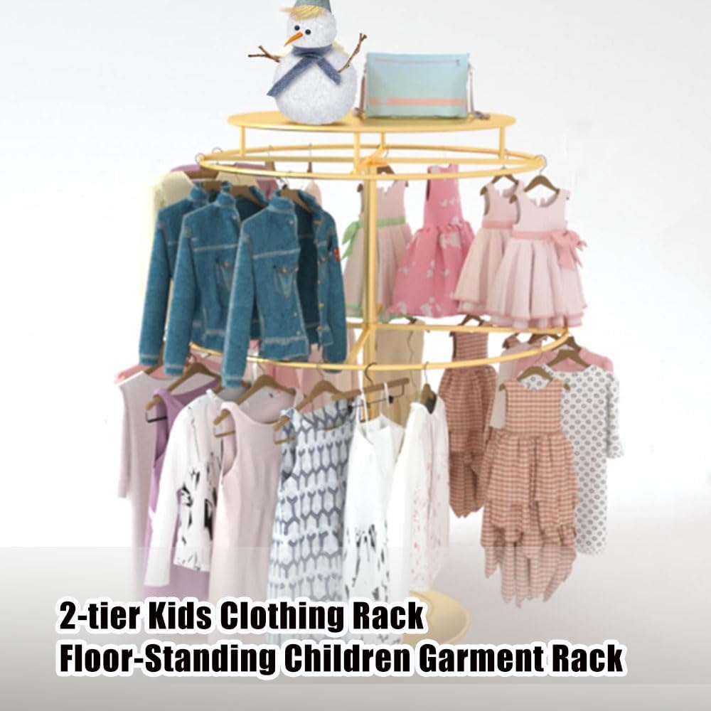 Rotatable Round Clothes Rack, Metal Kids Garment Rack with Storage Shelf, Kids Dress Up Rack, Floor-Standing Retail Clothing Rack for Hanging Clothes,Gold,60 * 140cm