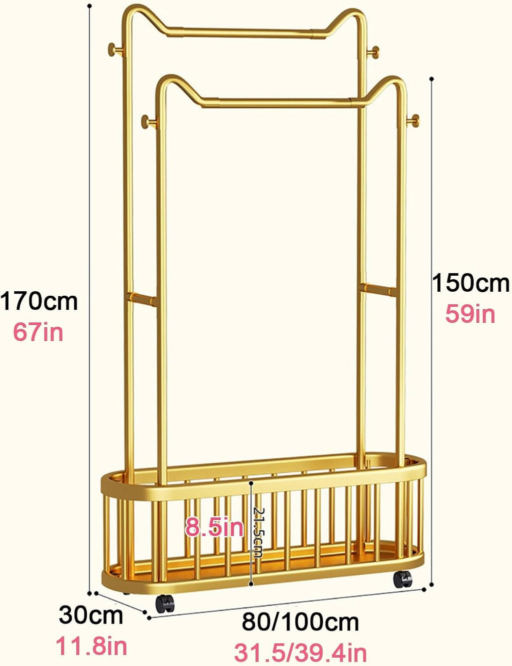 Gold clothes rack with Storage Shelf & Wheels – Double Rod Freestanding Garment Rack with Hooks，Portable Coat storage rack for Bedroom, Living Room(100cm/39.4in)