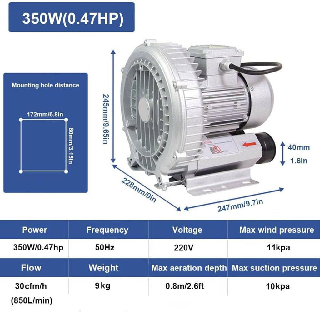 120W-1100W Regenerative Blower,V0rtex Ring Blower, Industrial Vacuum Pump for Sewage Aeration Aquarium Fish Pond,350W/0.47HP
