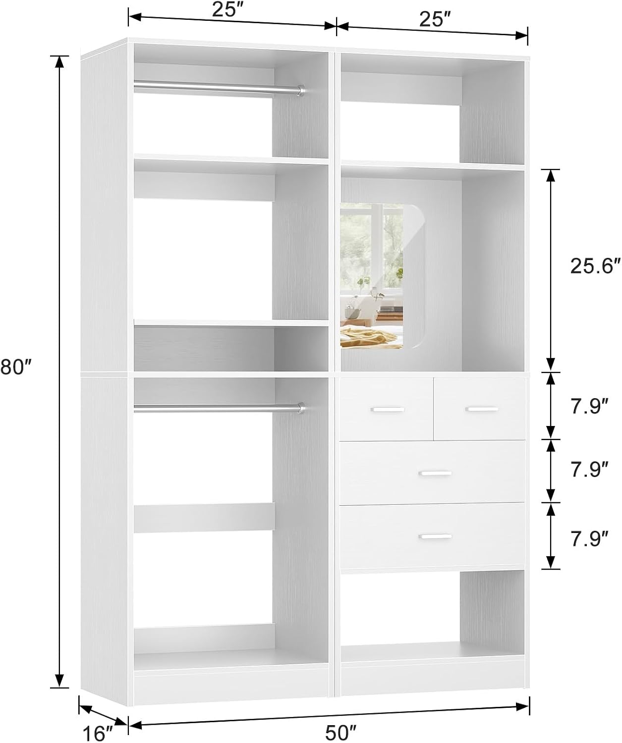 Unikito 50' Closet System with 4 Drawers, 4.2FT Wood Closet Organizer with Hanging Rods and Mirror, Reversible Small Walk in Closet Wardrobe, Adjustable Sturdy Clothes Garment Rack, Set of 2, White