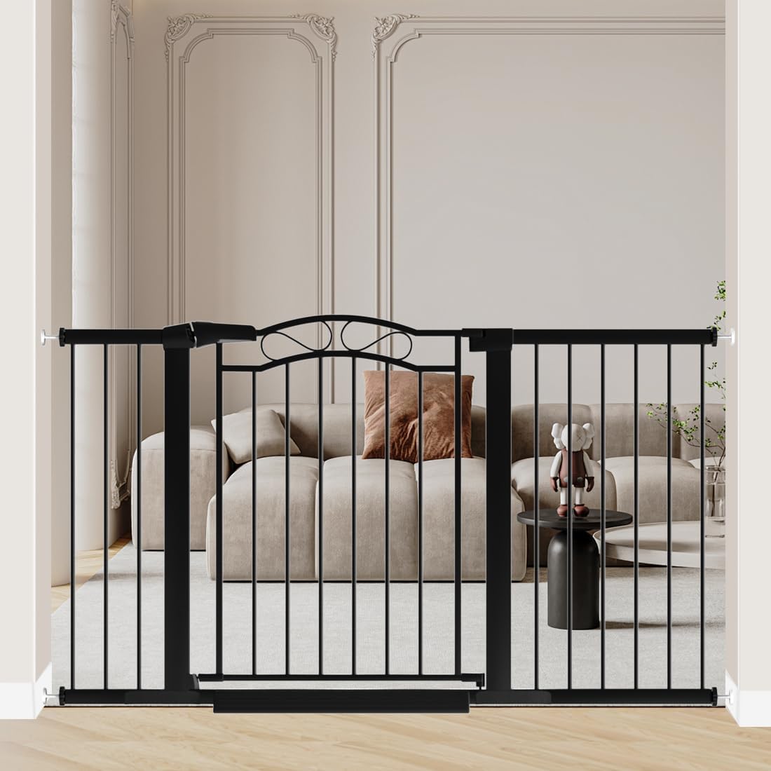 Fairy Baby 54.4'-57.0' Extra Wide Baby Gate with Door, 55 56 57 Inches Walk THR Baby Gates for Stairs Pressure Mounted no Drill, Indoor Tension Metal Child Pet Dog Safety Gate for Kids, Black