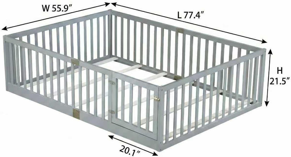 Full Size Floor Bed with 21.5' High Rails and Door, Solid Rubber Wood Montessori Bed Full for Boys Girls, Low Profile Kids Beds Frame with 6 Slats, No Box Spring Needeed, Grey