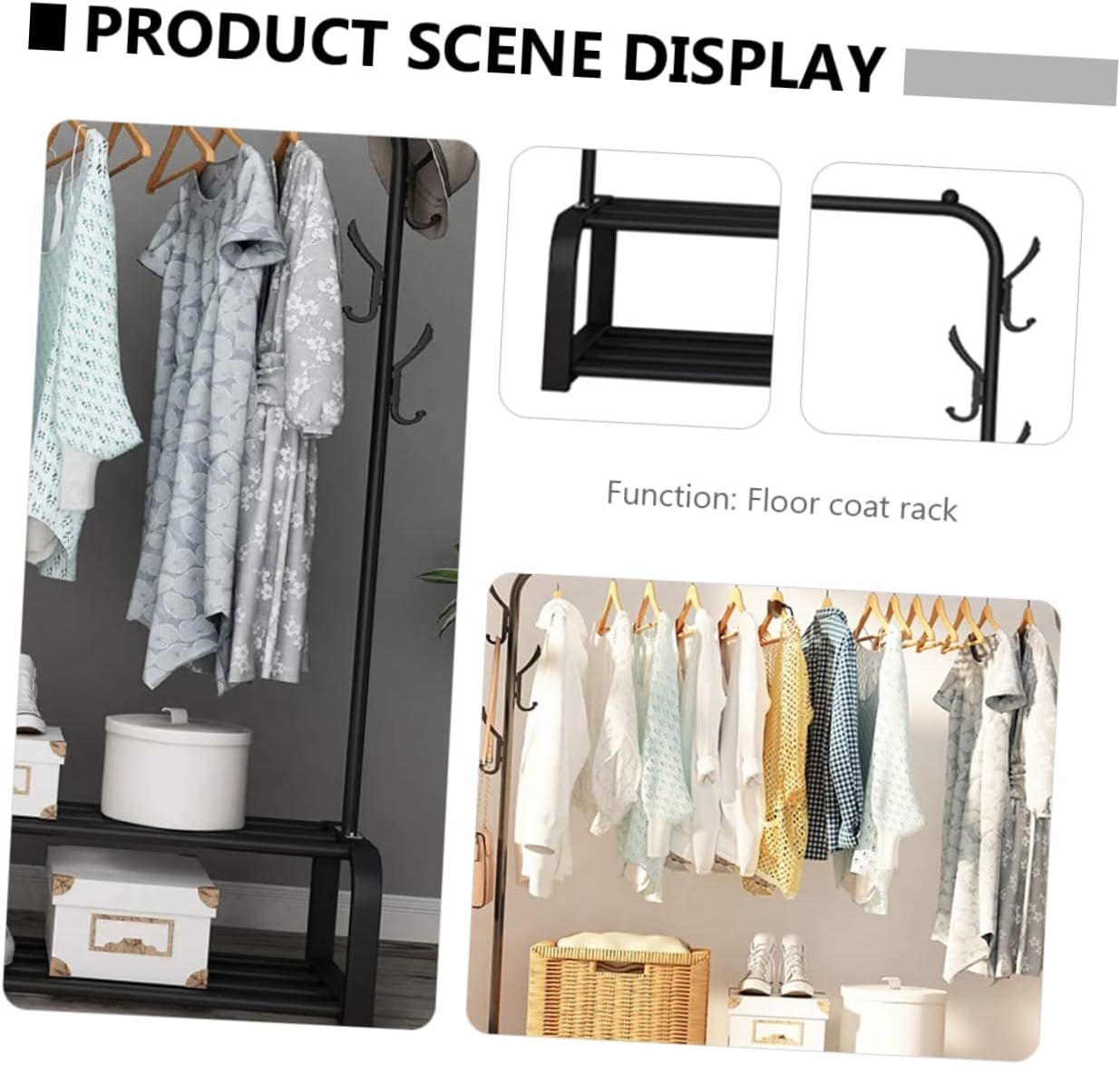 ABOOFAN Freestanding Clothes Rack with Hooks Double Pole Garment Stand for Home Organization Heavy Duty Laundry Hanger and Drying Rack Space Saving Design for Coats
