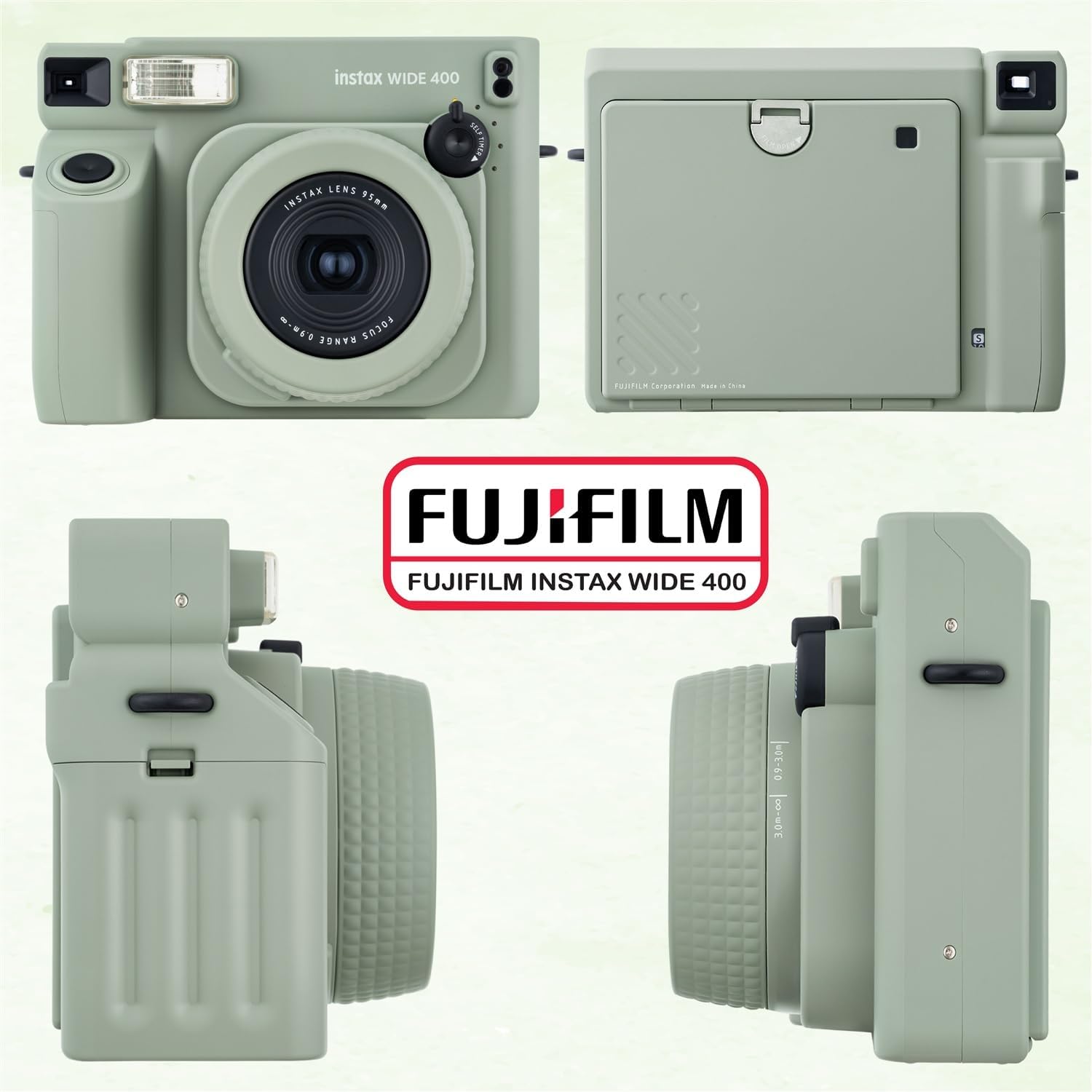 Fujifilm Instax Wide 400 Instant Film Camera (Sage Green) Bundle with Instax Wide Instant Film (20 Sheets), with Accessories Including Leather Camera Case