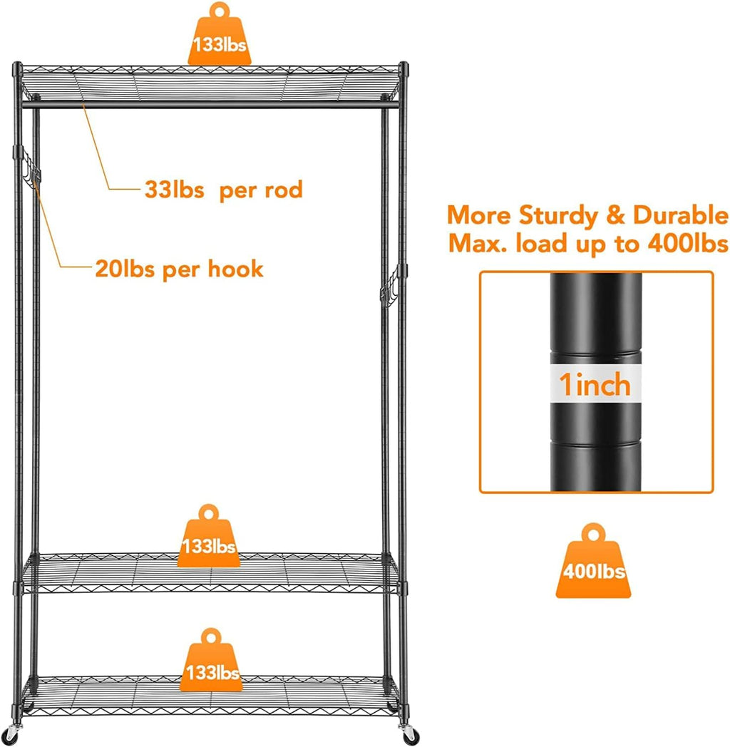 Himimi 3 Tier Heavy Duty Garment Rack with Wheels, Adjustable Wire Shelving Clothes Rack with Hanging Rod, 4 Side Hooks - Freestanding Metal Wardrobe Storage Rack, Grey