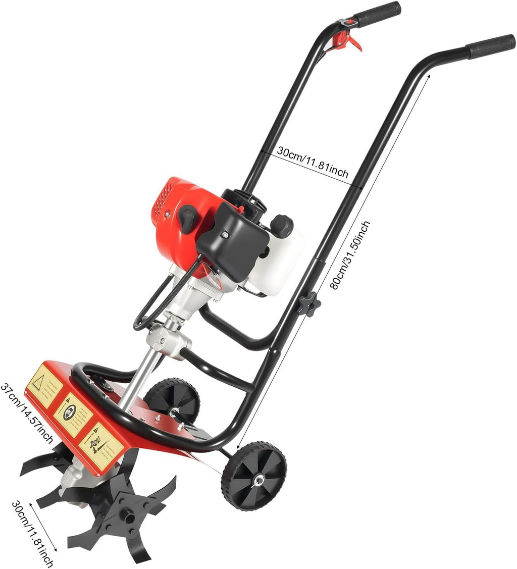 Gas Powered Tiller, 52Cc 2 Stroke Garden Yard Rototiller Tilling Cultivator Heavy Duty Gasoline Tiller with Adjustable Wheels & Long Handle for Plowing Turning Soil Ditching 1900W (52CC 2-Stroke)
