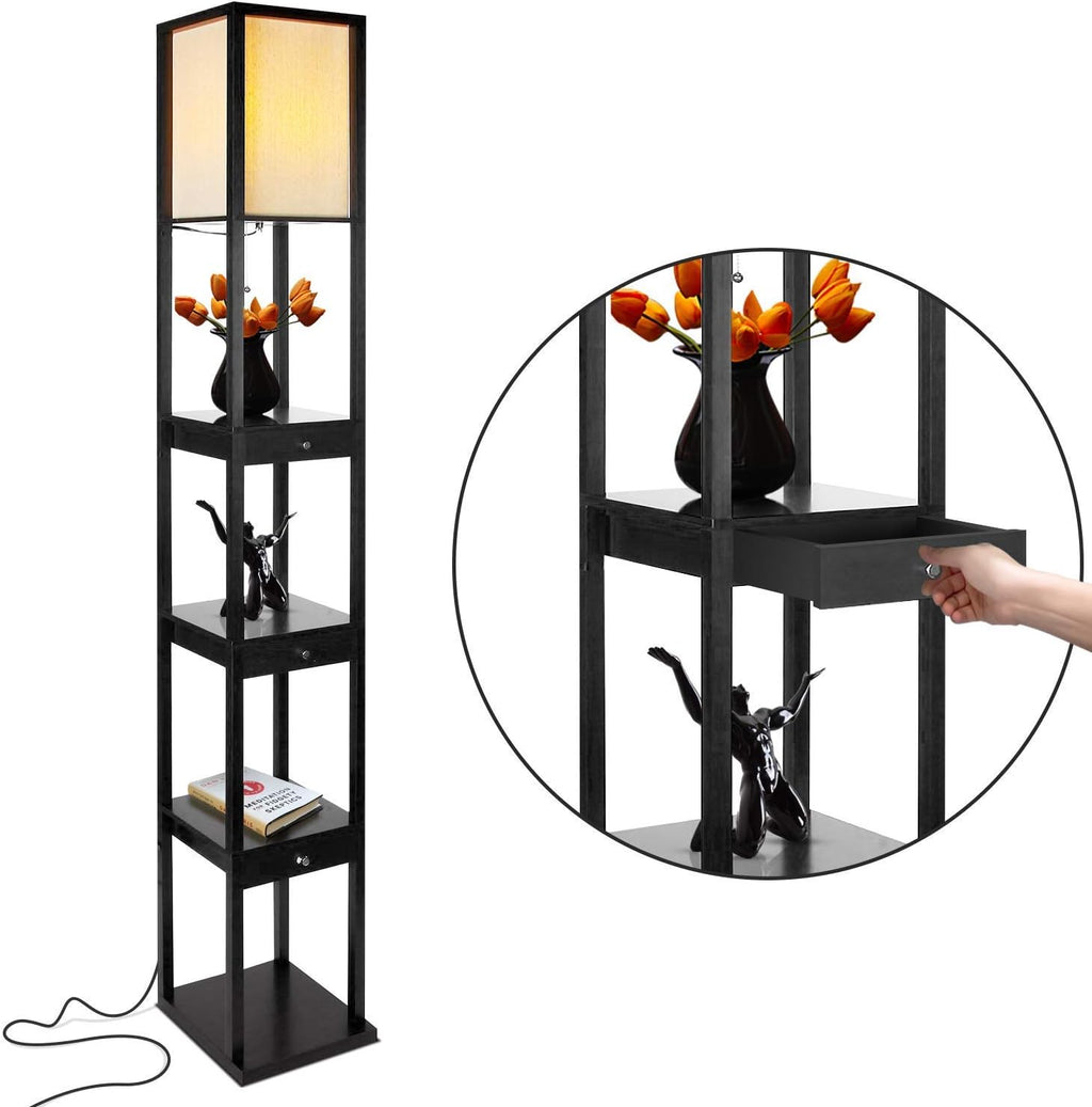Brightech Maxwell Floor & Table Lamp Set of 2 - Modern Floor Lamp With Drawers And Nightstand Lamp with USB Port - Perfect for Bedrooms & Living Rooms, LED Bulb, Wood Frame, Soft Ambient Light - Black