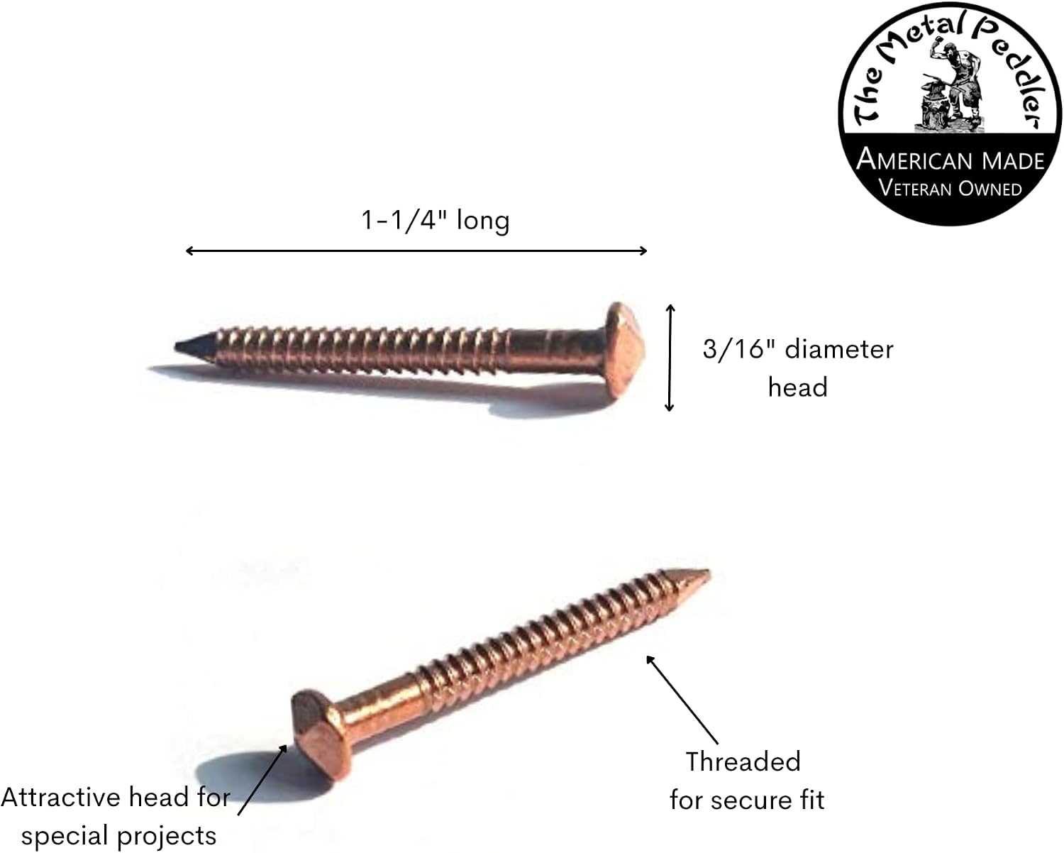 1,000 Copper Decorative Nails, 1-1/4 Inch, 11 Gauge, Threaded Shank, American Made [10 packs of 100 nails] for Boats and Woodworking