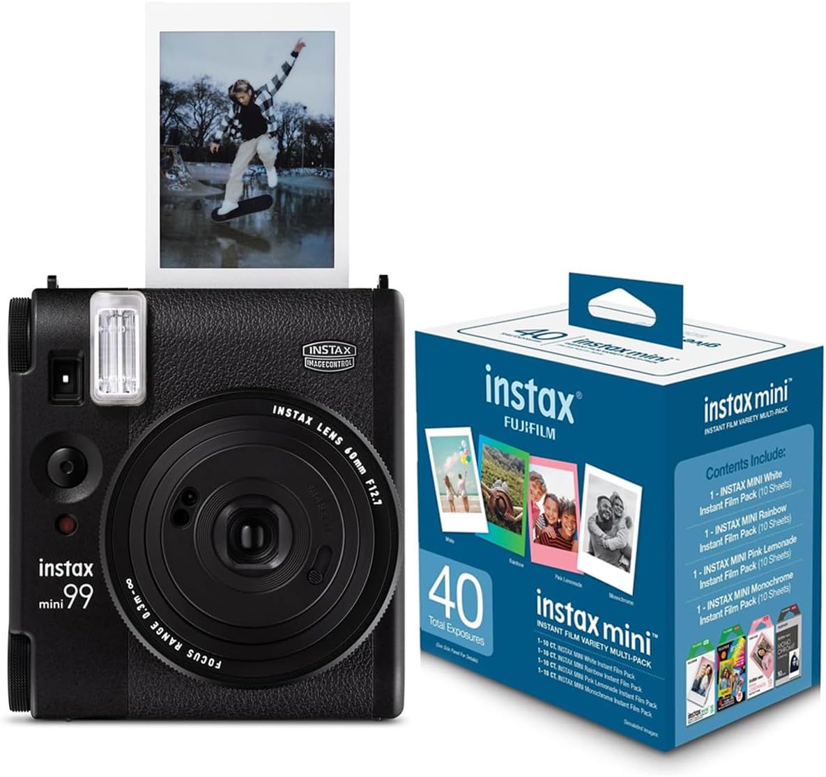 Fujifilm Instax Mini 99 Instant Film Camera, Matte Black, Bundle with Instant Variety Value Film Pack, 40 Exposures