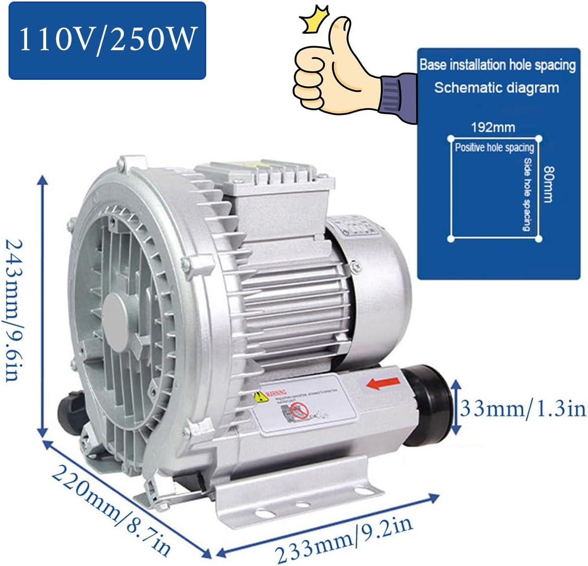 Regenerative Blower High Pressure Vortex Ring Blower 110V 180W 350W 550W 750W Fish Ponds Aeration Oxygenation Machine Industrial Vacuum Pump for Air Blowing Or Suction(1100W)