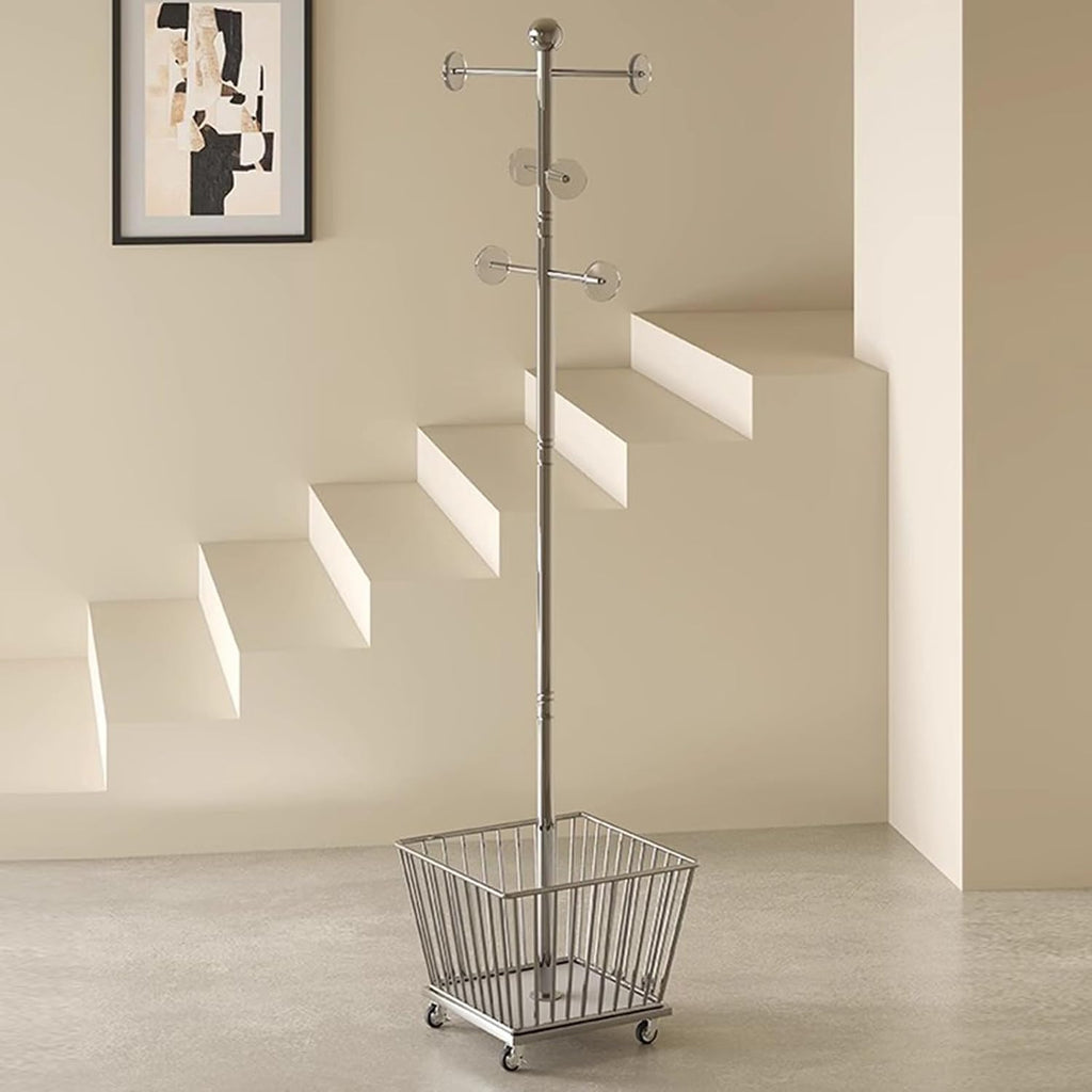 Metal Clothing Rack,Laundry cart with Hanging Rack,Standing Clothes Rack,Rolling Garment Rack,(Silver)