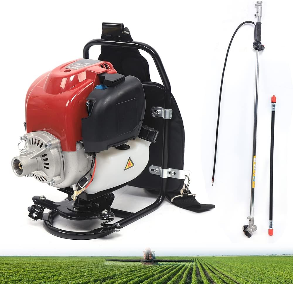 Backpack Cultivator Tiller, 35.4CC 4 Stroke 4500-8500RPM Gas Powered Backpack Brush Cutter, Single Cylinder Grass Trimmer Lawn Mower with Backrest & Anti-Tangle Hoe Wheel for Garden Lawn Farmland