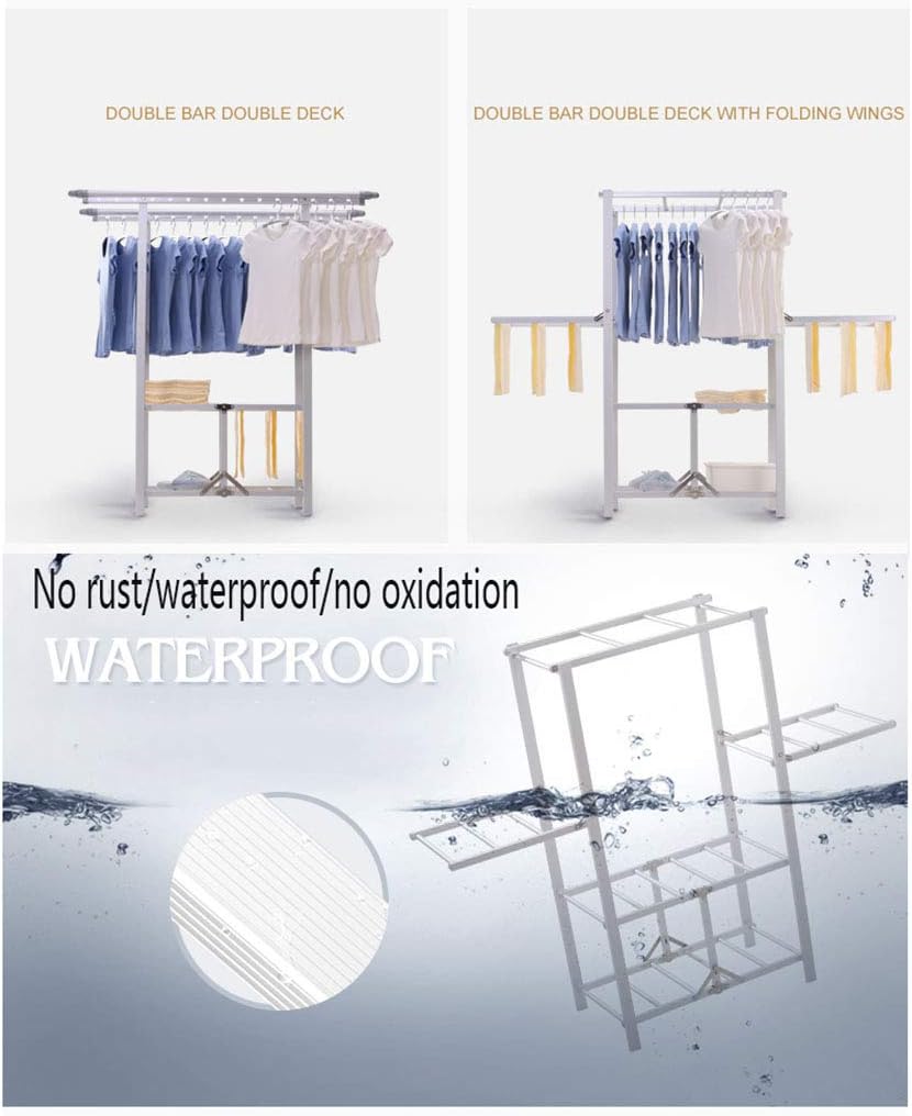 Laundry Rack, Folding Airer, Retractable Double Rail Clothes Airer Indoor Househ Clothes Airer Indoor Household Drying Racks no Need to Install with Wheels and 2 Shelves Clothes Garment Rack
