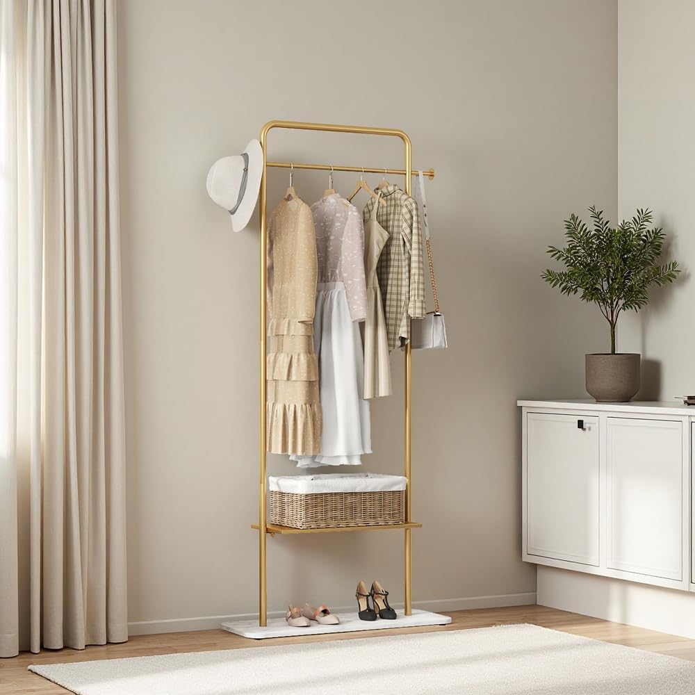 KaKaBB Gold Clothing Rack with Shelves, Coat Racks Freestanding with Marble Base, Clothing Rack for Hanging Clothes, Gold Garment Rack for Boutiques, Bedroom (2 tier, 31.5')