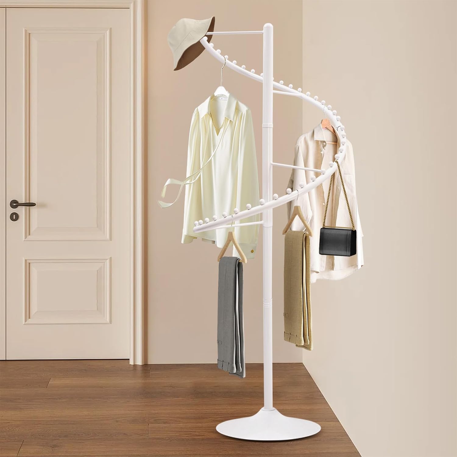 Rotating Clothing Rack 360° Spiral Clothing Rack Floor Standing Spiral Rotating Garment Racks Retail Clothes Display Stand for Bedrooms, Laundry Rooms, Retail Stores (5.91ft, White)