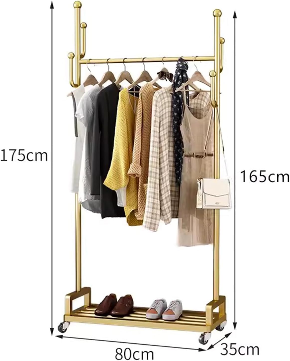 Heavy Duty Metal Clothes Rack with Rolling Wheels Storage Shelves and 6 Hooks Durable Garment Rack for Hanging Clothes,Gold-80 x 35 x 175 cm