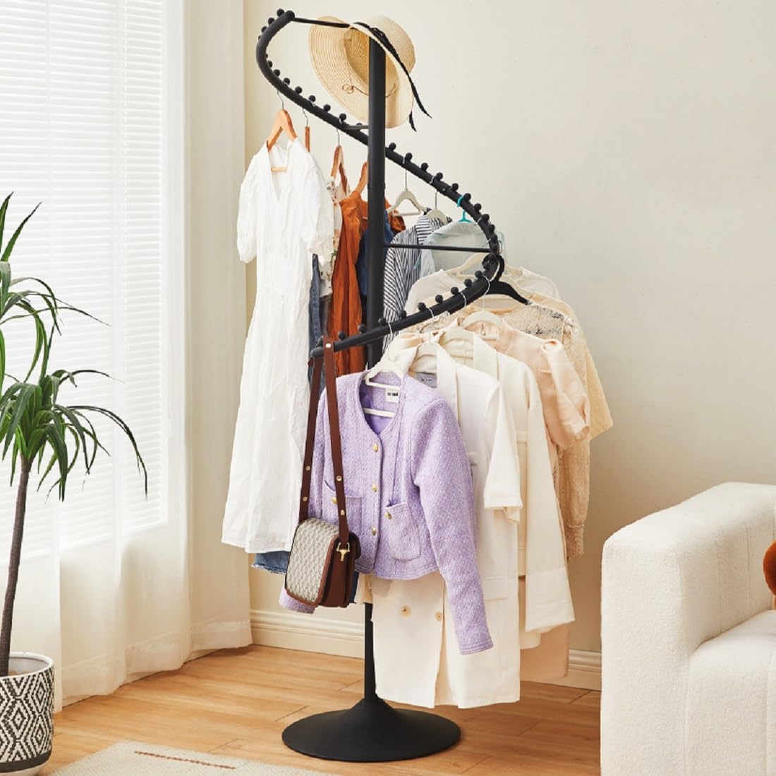 Spiral Rotating Clothing Rack, Freestanding Garment Rack Metal Coat Rack Retail Display Stand Black Hanger Shelf for Clothes Dresses Bags Scarves