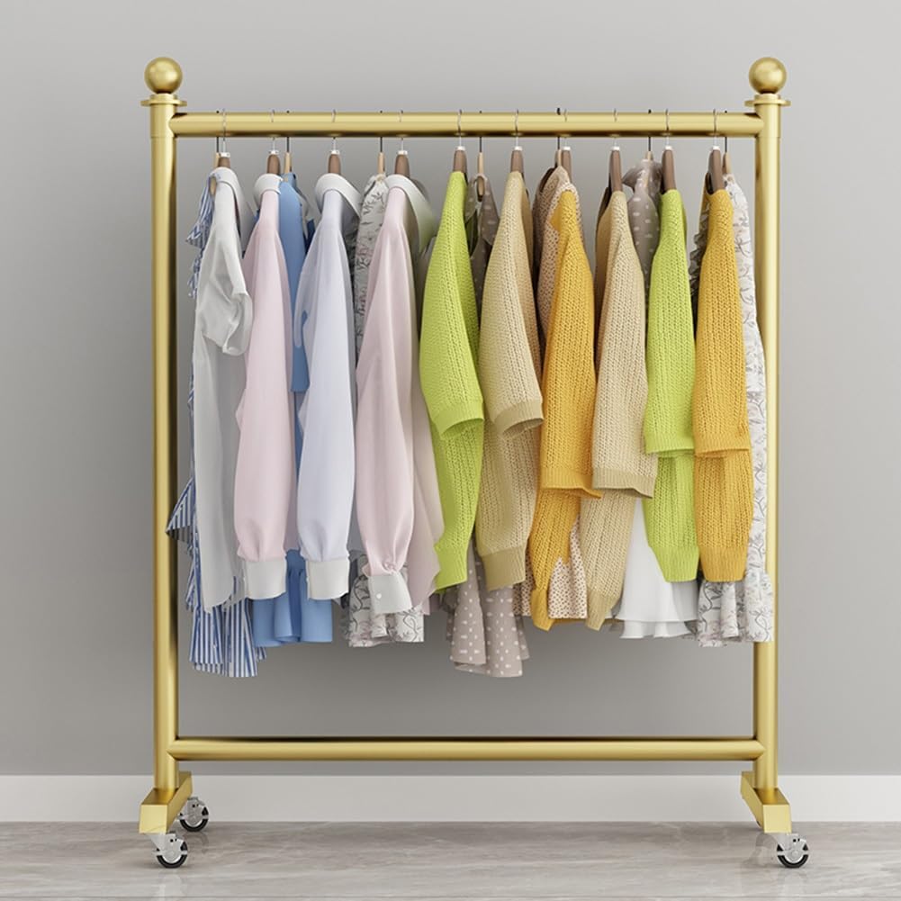 Rolling Clothes Rack on Wheels, Heavy Duty Iron Pipe Garment Rack 132lbs Load Capacity, Clothing Organizer for Hanging Clothes, Golden (Color : Gold, Size : 100x40x135cm)