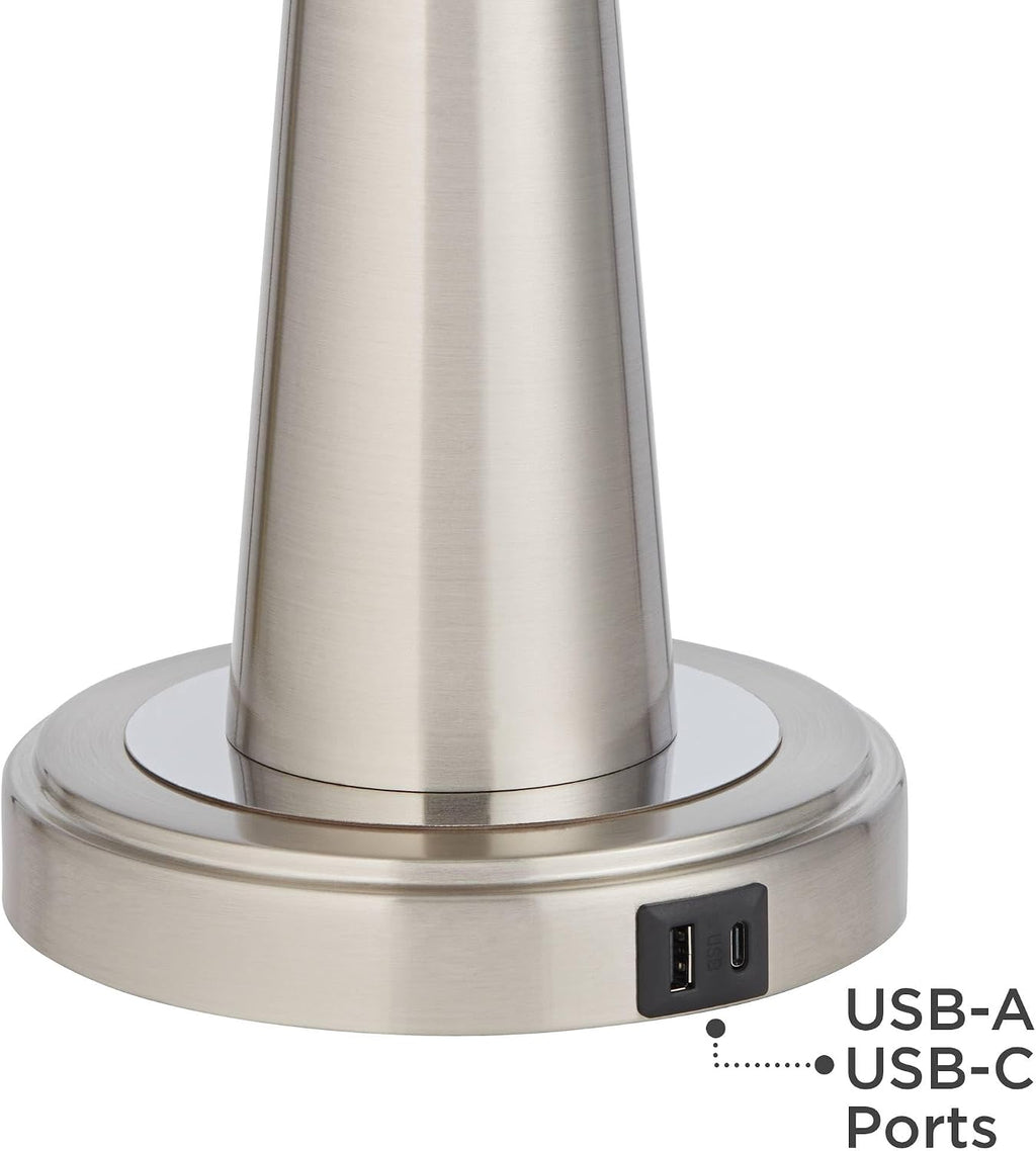 Possini Euro Design Vicki Modern Accent Table Lamps 23' High Set of 2 with USB Charging Port Brushed Nickel Gray Faux Silk Drum Shade for Living Room Desk Bedroom House Bedside Nightstand Home