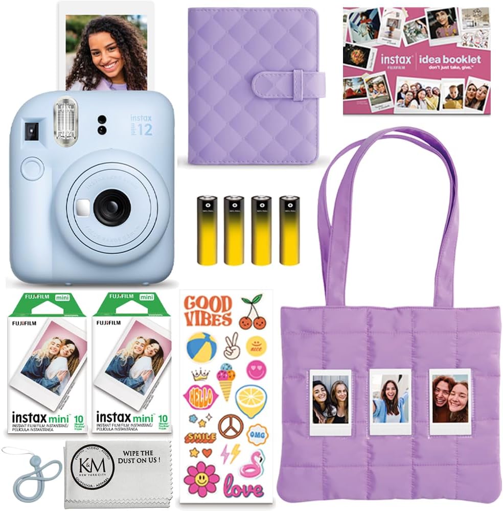 FUJIFILM INSTAX Mini 12 Holiday Bundle 2025 | Pastel Blue with Extra Instax Mini Film + 4pk AA Batteries & Cleaning Cloth (10 Items)