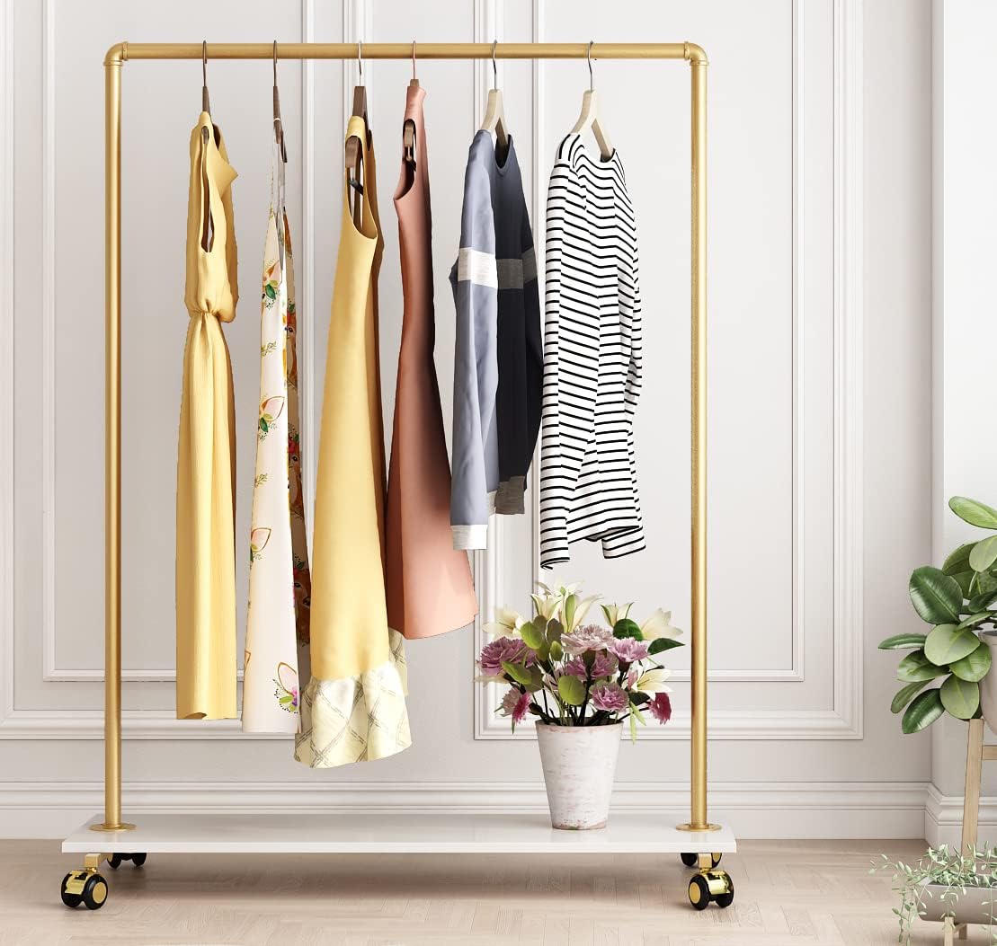 Gold Metal Clothing Rack with Wood Shelf, Heavy Duty Rolling Garment Rack with Wheels for Bedroom Retail Boutique Use (49.21L inches)