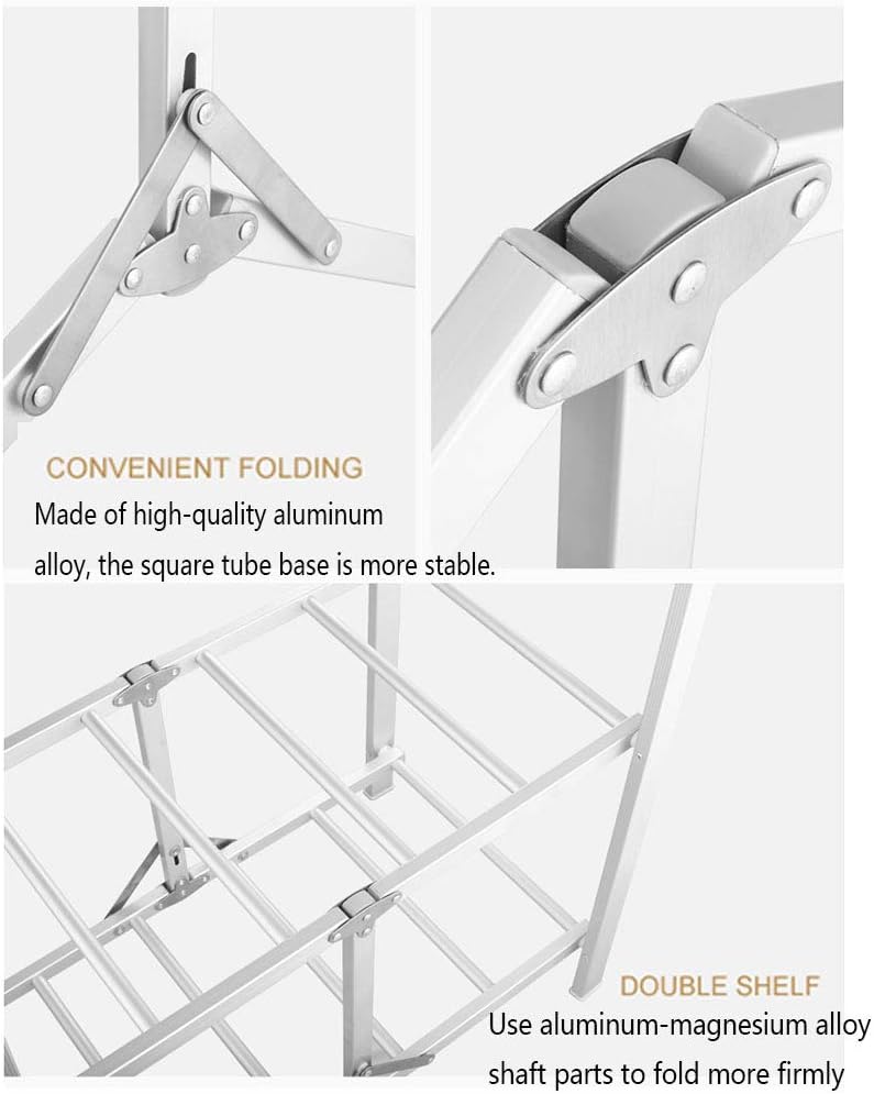 Laundry Rack, Folding Airer, Retractable Double Rail Clothes Airer Indoor Househ Clothes Airer Indoor Household Drying Racks no Need to Install with Wheels and 2 Shelves Clothes Garment Rack