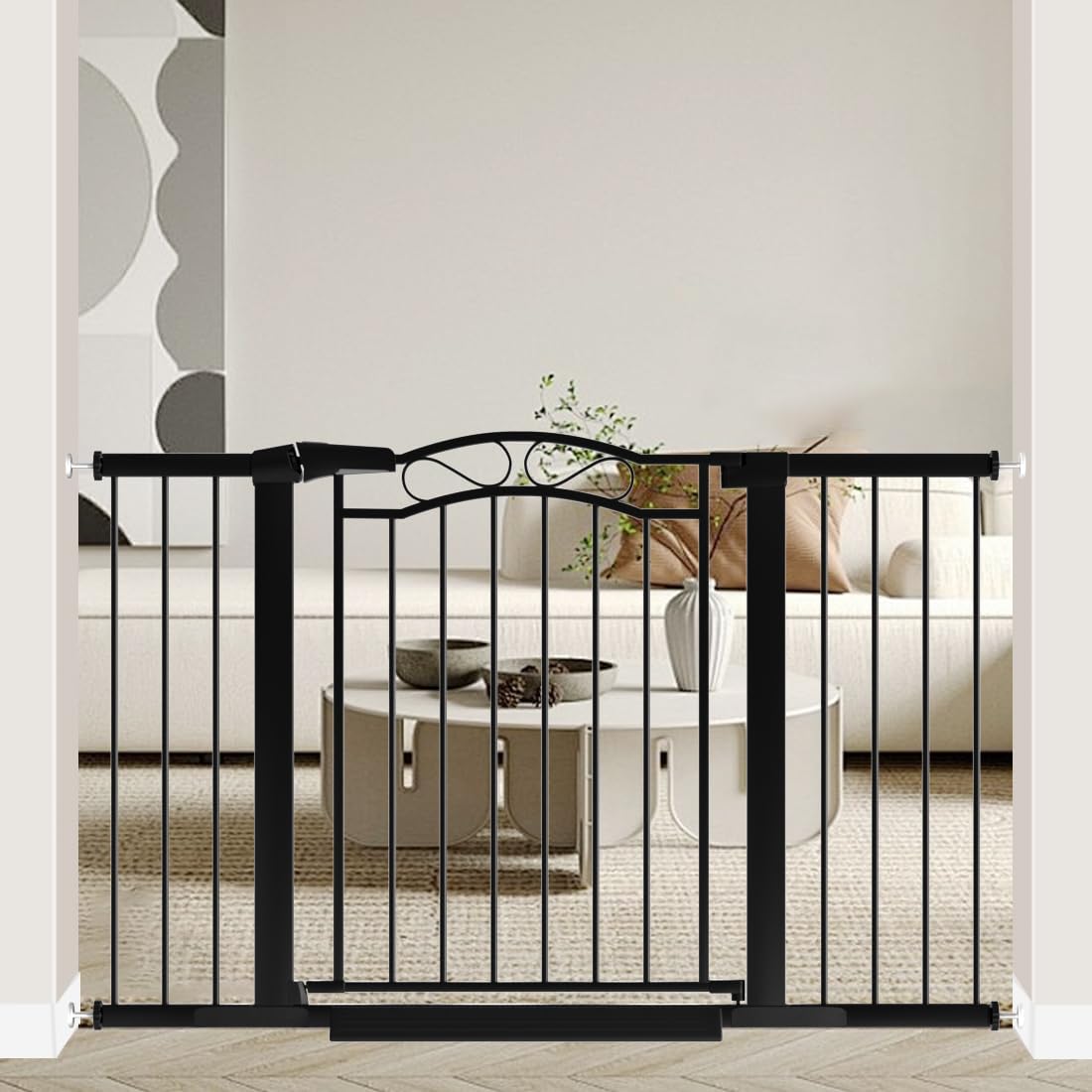 Fairy Baby 48.9'-51.5' Extra Wide Baby Gate with Door, 49 50 51 Inches Walk THR Baby Gates for Stairs Pressure Mounted no Drill, Indoor Tension Metal Pet Dog Gate, Auto Close Safety Gate, Black