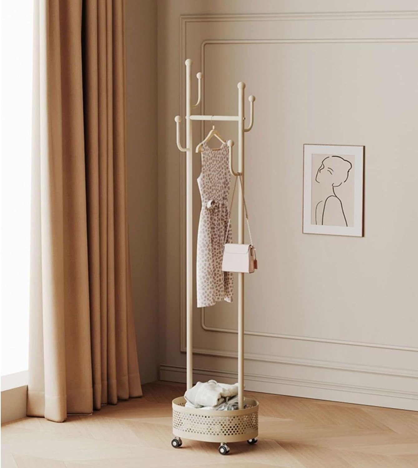 Heavy-Duty Clothing Racks Rolling Rack with Wheels Modern Metal Coat Stand with Storage Basket Moveable Garment Rack for Hanging Clothes Bedrooms Boutiques(white)