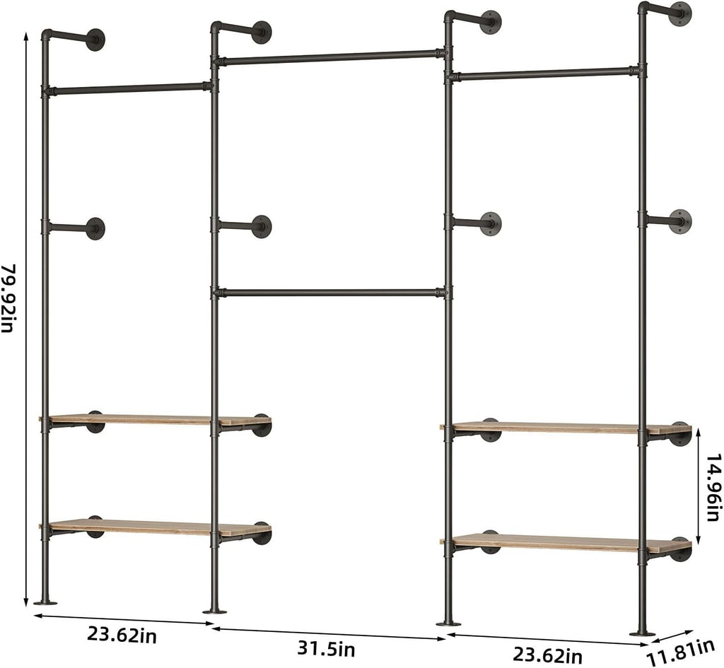 Industrial Pipe Clothing Rack, Wall Mounted Clothes Rack for Hanging Clothes, Retail Display Rack with Shelves, Add Corner installation Method (Black, III-2Tier)