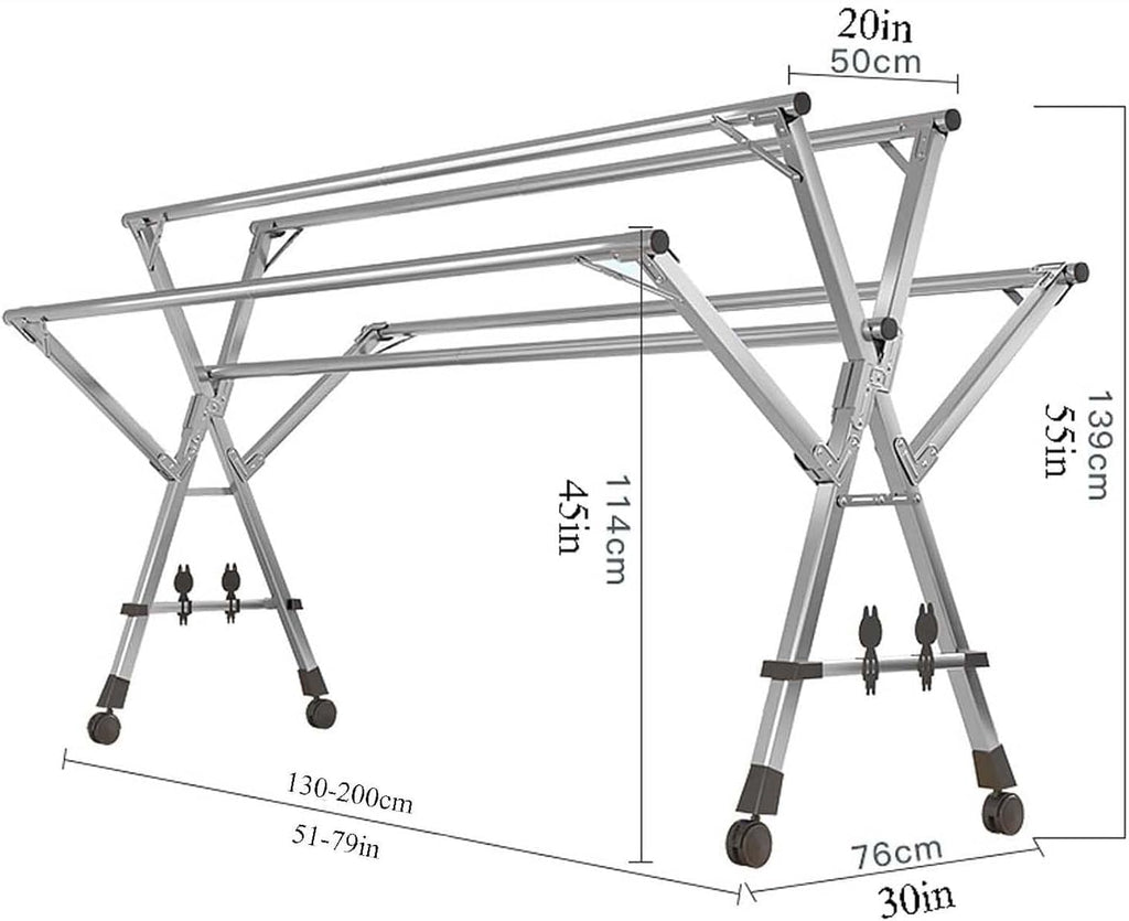 Drying Clothes Rack 200cm/79in, Outdoor Laundry Drying Rack with 4 Wheels, Laundry Drying Rack Folding 5 Rod, No Assembly Required, for Hanging Clothes