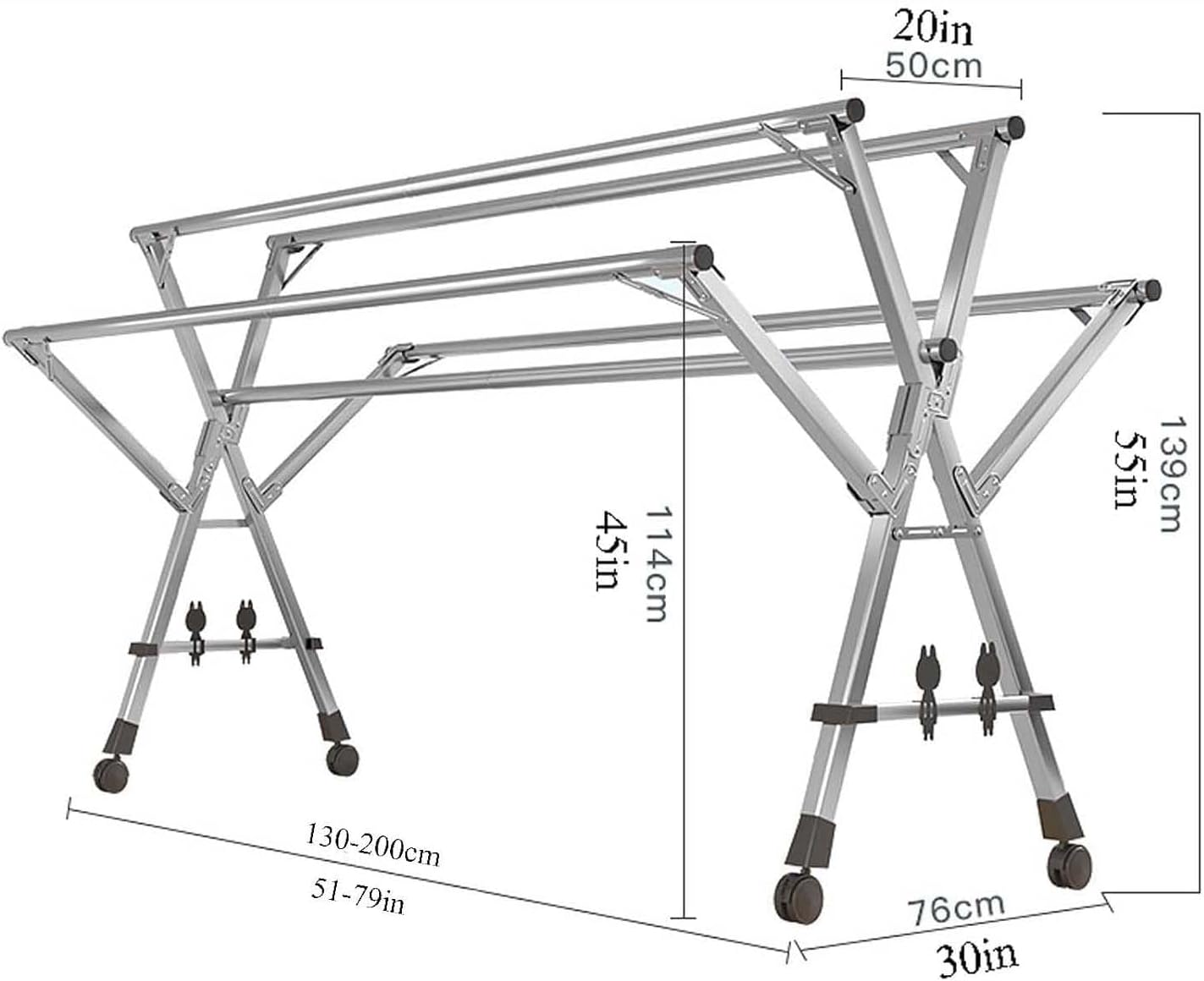 Drying Clothes Rack 200cm/79in, Outdoor Laundry Drying Rack with 4 Wheels, Laundry Drying Rack Folding 5 Rod, No Assembly Required, for Hanging Clothes