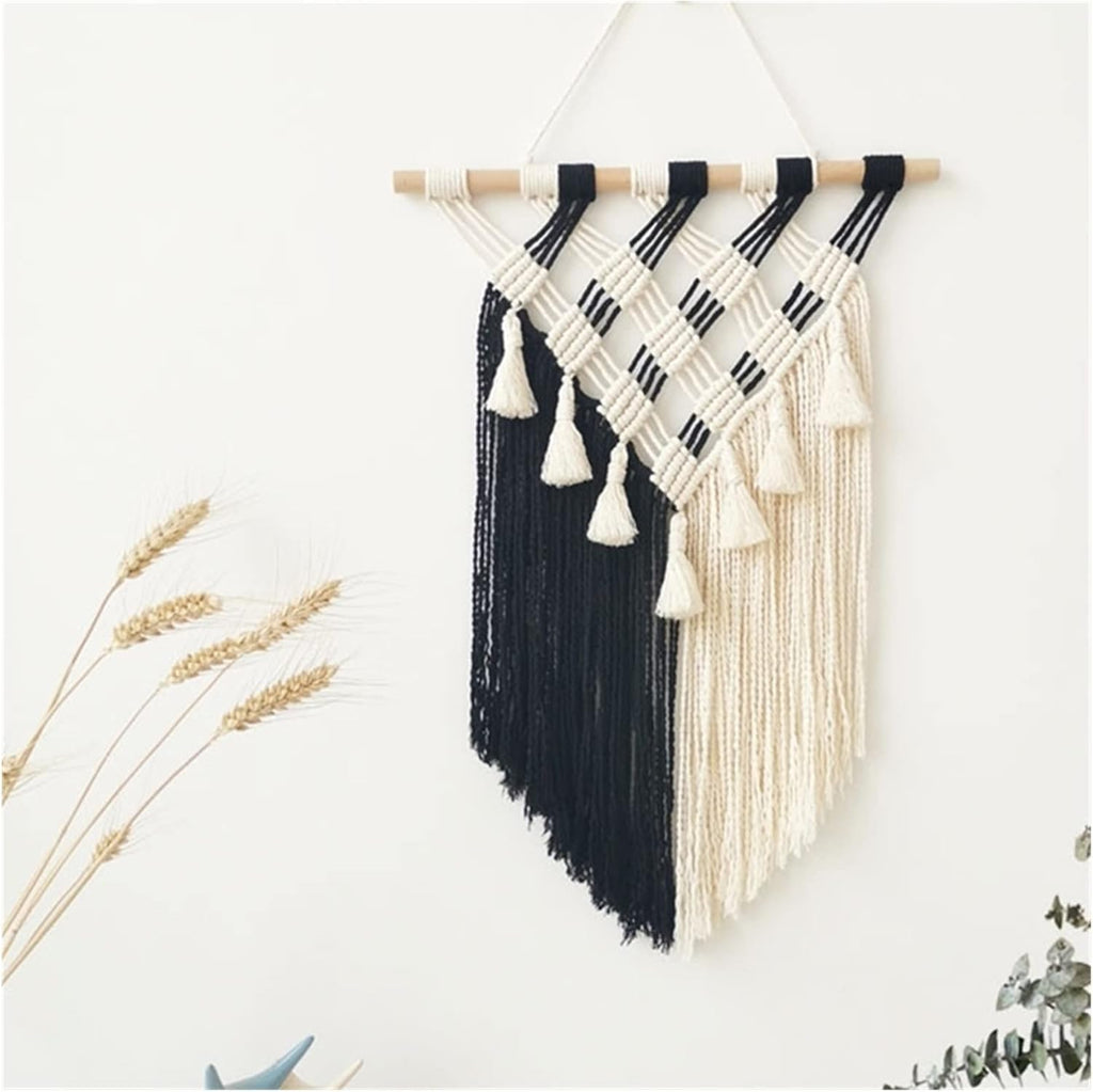 Tapestry Tassel Tapestry Macrame Wall Hanging Bohemian Hand Knotted Rope Home Decorations Black and White Color (OneColor 35x52cm)