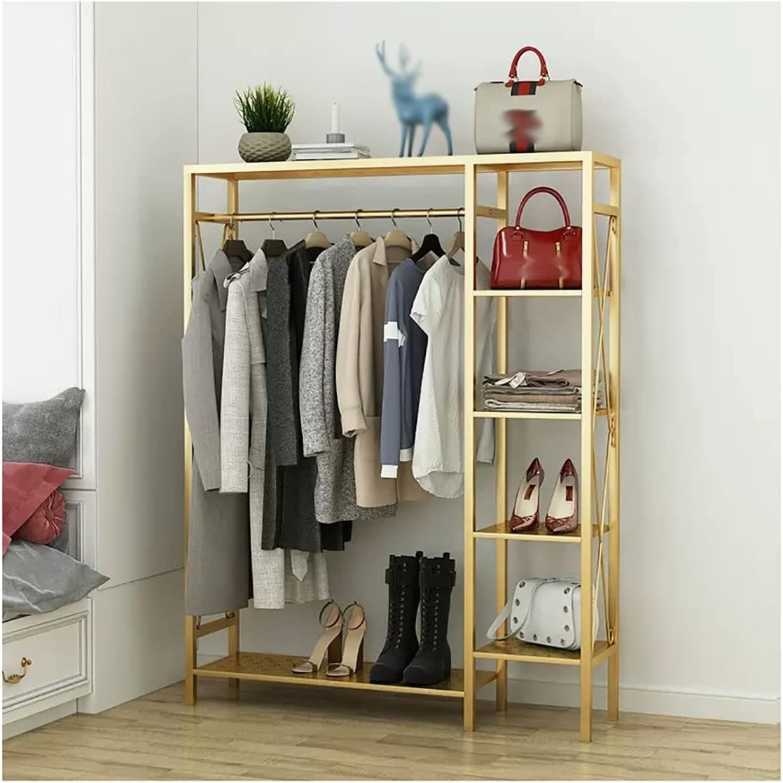 Metal Clothing Rack With Rods Freestanding Garment Rack For Hanging Clothes Organizer Wardrobe With 6-Tier Storage Shelve For Bedroom, Entryway (Color : Gold, Size : 120cm)