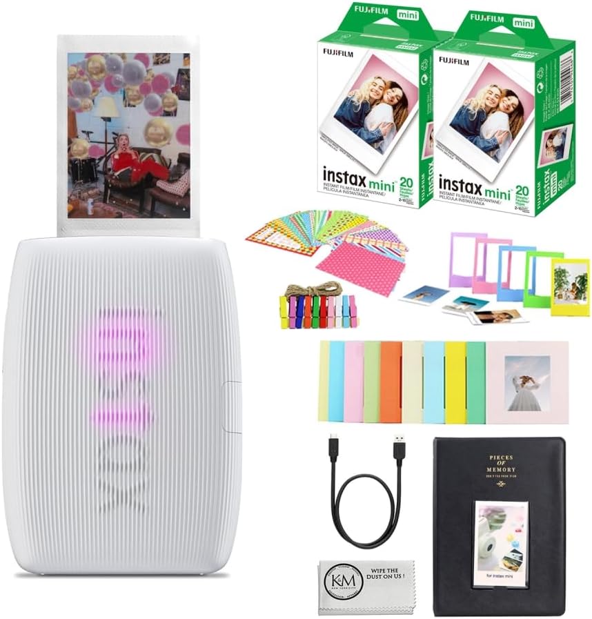 FUJIFILM INSTAX Mini Link 3 Smartphone Printer | Clay White Bundled with INSTAX Mini Instant Film | 40 Exposures + Instax Mini Album, Borders, Stickers & Clips + Microfiber Cleaning Cloth (4 Items)