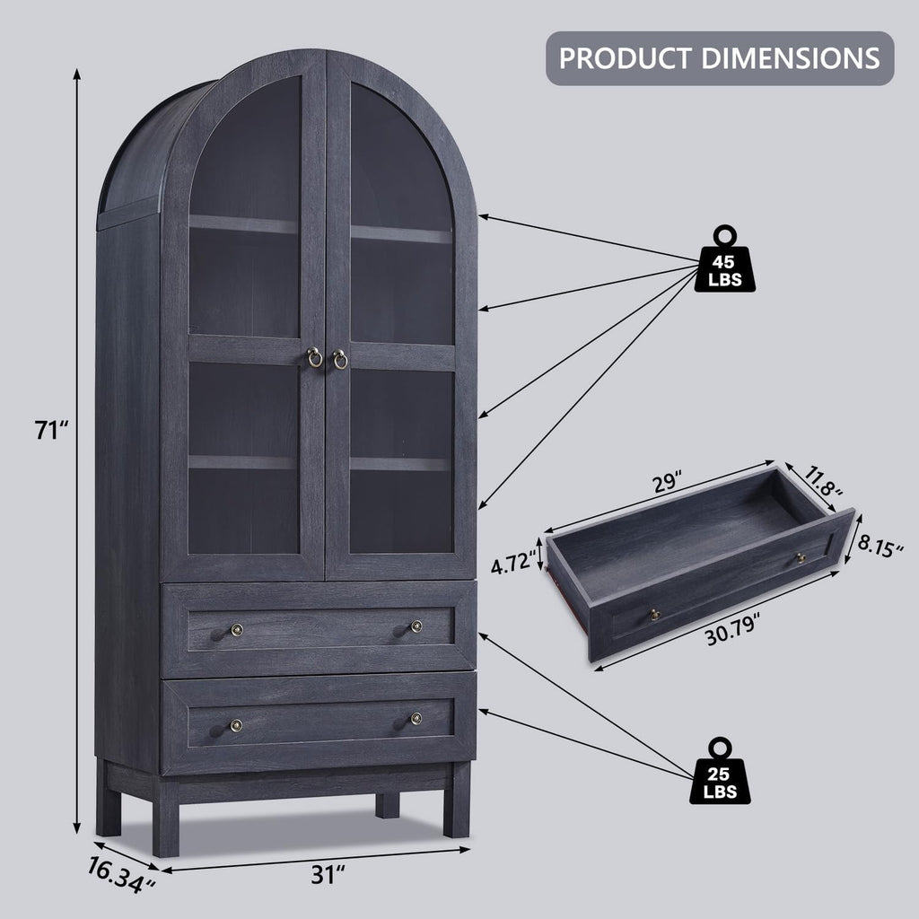 71' Tall Arched Bathroom Storage Cabinet, 4-Tier cabinet w/2 Large Drawers &Adjustable Shelves, Wooden Bathroom Floor cabinets w/Glass Doors, Modern Farmhouse Versatile Cabinets for bathroom,Dark Grey