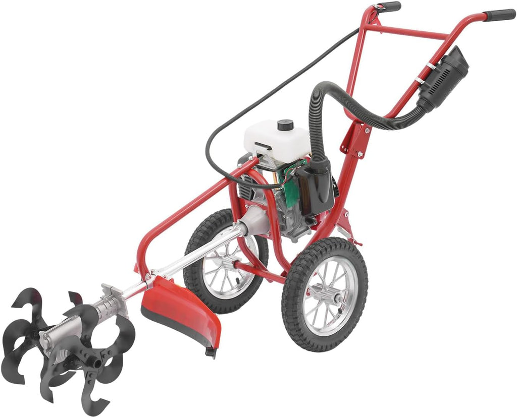 63CC 4-Stroke Gas Powered Tiller Cultivator, 3in1 Hand Push Lawn Mower Trimmer, Hand Push Micro Cultivator Lawn Mower, 4HP Gas Brush Cutter String Trimmer for Mowing, Tilling, and Trenching