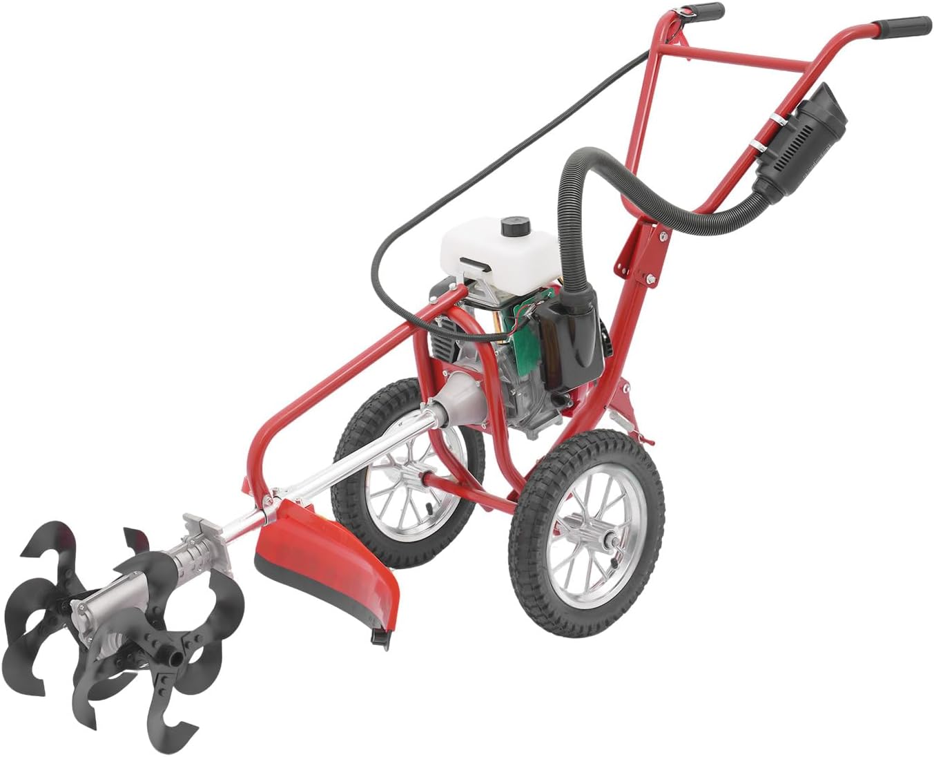 63CC 4-Stroke Gas Powered Tiller Cultivator, 3in1 Hand Push Lawn Mower Trimmer, Hand Push Micro Cultivator Lawn Mower, 4HP Gas Brush Cutter String Trimmer for Mowing, Tilling, and Trenching
