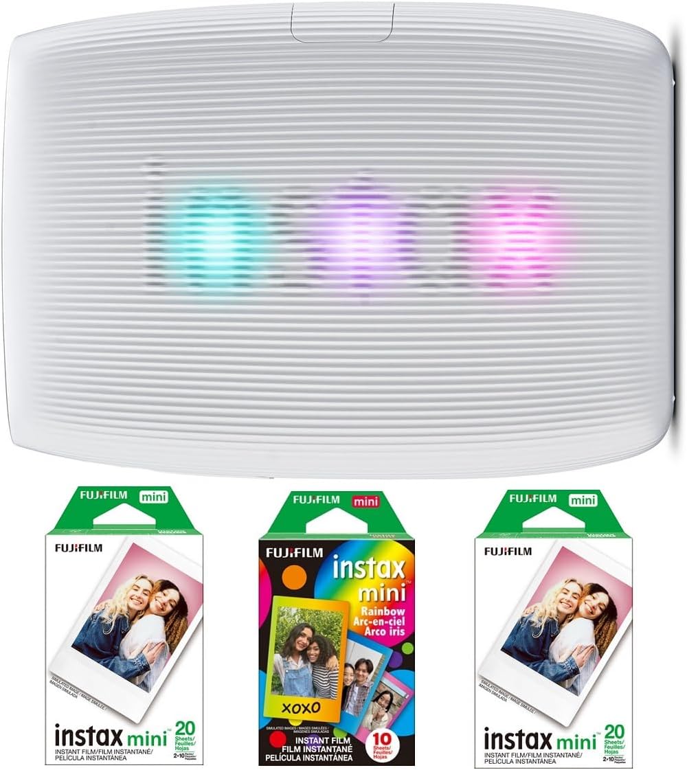 FUJIFILM INSTAX Mini Link 3 Smartphone Printer Bundle, Includes: FUJIFILM INSTAX Mini Instant Color Film (40 Exposures) and Rainbow Film (10 Exposures) (4 Items) (Clay White) (Clay White)